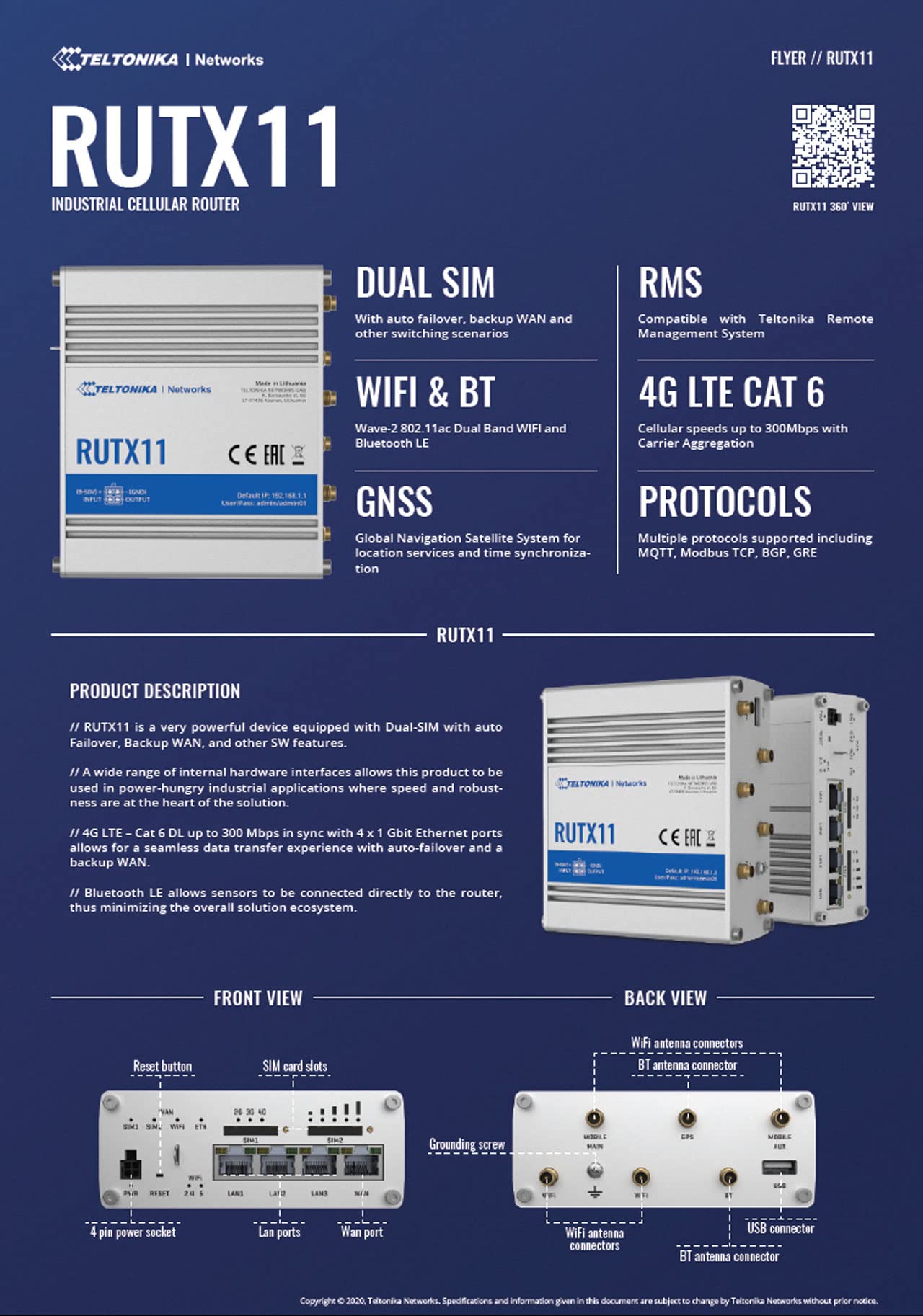 Teltonika RUTX11100400 - RUTX11 LTE CAT6 Router with GE + WiFi + Bluetooth - with DC Power Cable & Surface Mounting Kit PR5MEC12 6