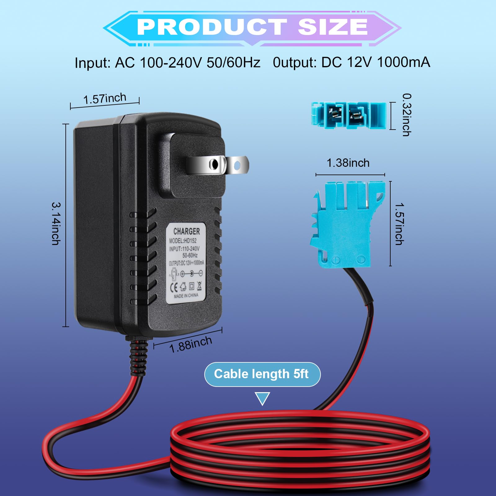 12V Battery Charger for Peg-Perego Johns Deere Ground Force Tractor Gators XUV Polaris Outlaw Citrus RZR 900 Powered 12 Volt Charger for Kids Ride On Electric Car Toys 4