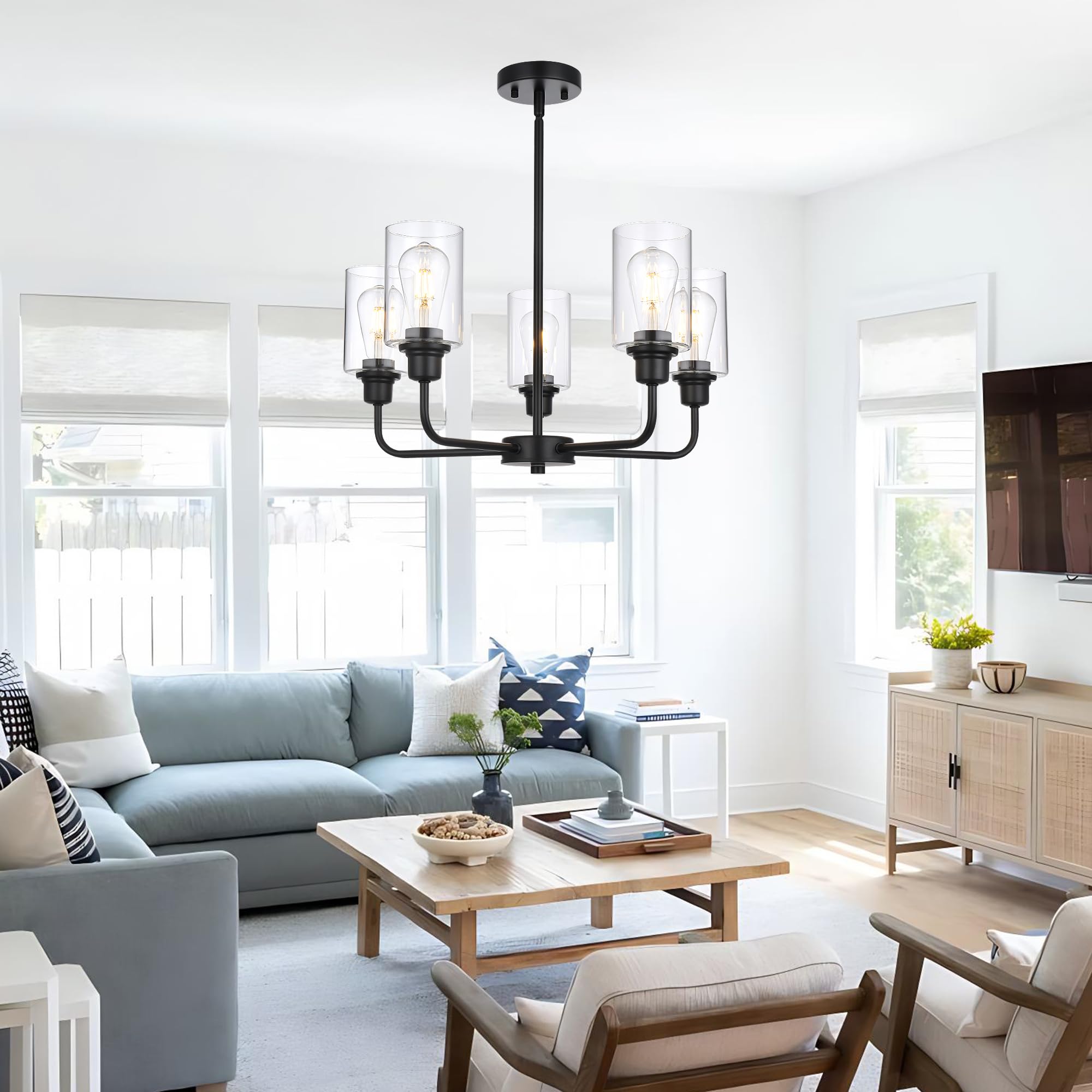 VINLUZ 5-Light Classic Black Dining Room Light Fixture, Modern Industrial Hanging Chandeliers with Clear Cylinder Glass Shades, Pendant Light Fixtures for Living Room, Kitchen, Foyer, Hallway 3