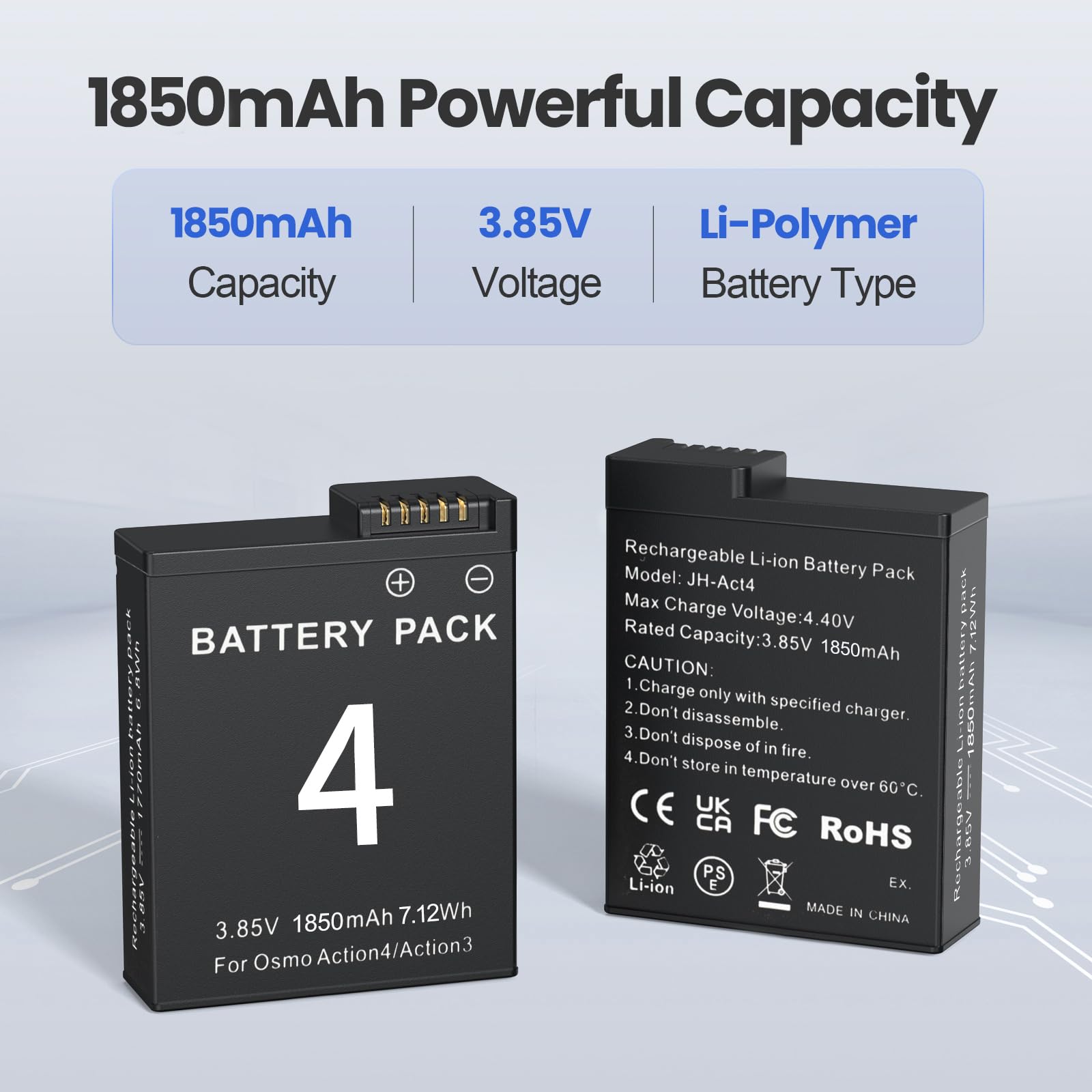 3 Packs Replacement Batteries Compatible with DJI Osmo Action 5pro, Osmo Action 4, Osmo Action 3, 1850mAh Rechargeable Battery, with 3-Channel Battery Charging Base 3