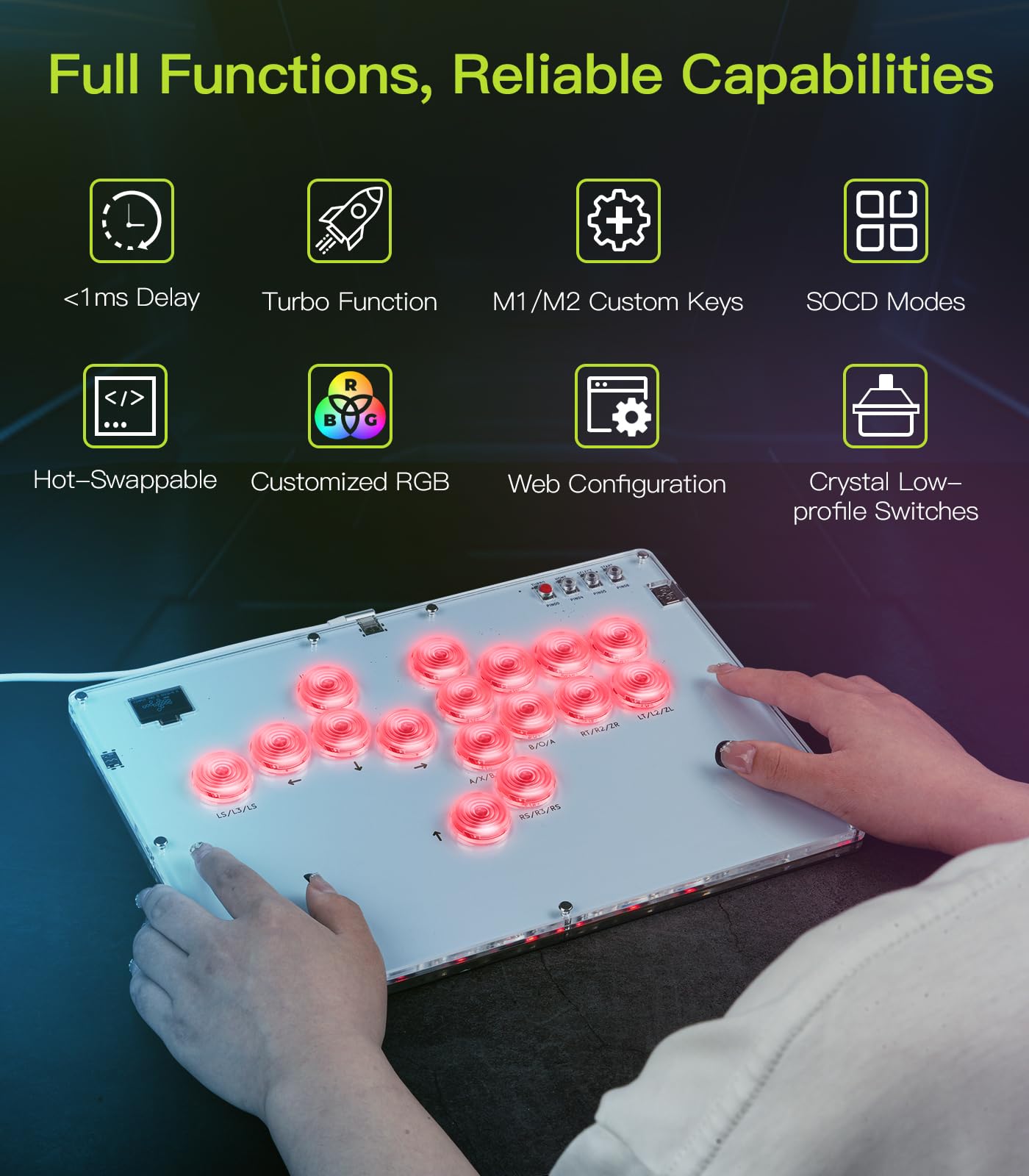 TiMOVO Haute42 Arcade Stick with Turbo Function, Custom RGB, Leverless 16 Key All-Button Arcade Controller for Switch/PC/PS4/PS3/Steam Deck, Arcade Fight Stick Game Keyboard Support Hot Swap, SOCD,DIY 3