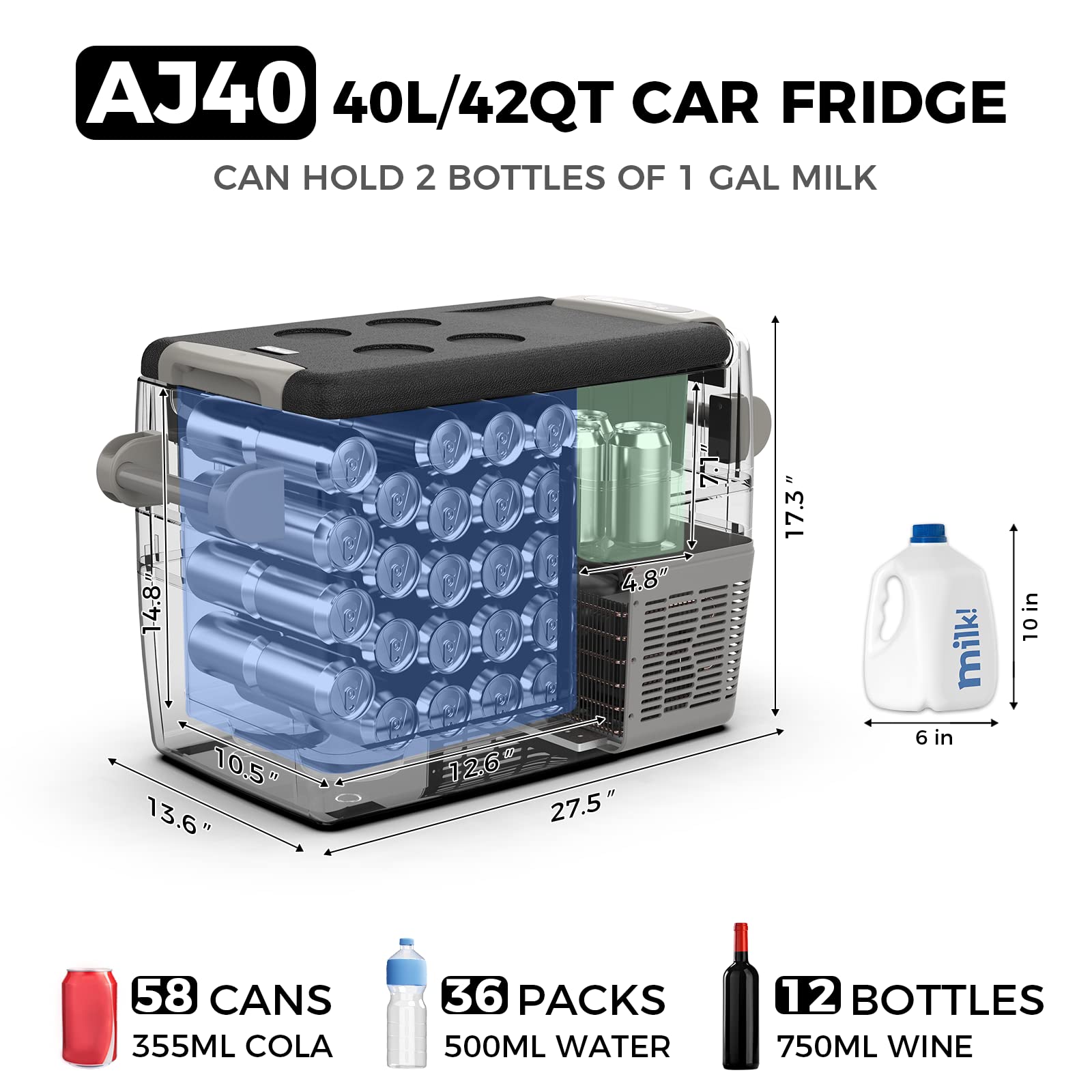 Setpower AJ40 Portable Refrigerator with Cover and Slide,Portable Freezer,40L Electric Cooler,Car Refrigerator,12/24V DC Cable & 110/240V AC,Car Fridge for Camping,Truck,Travel,Fishing 3