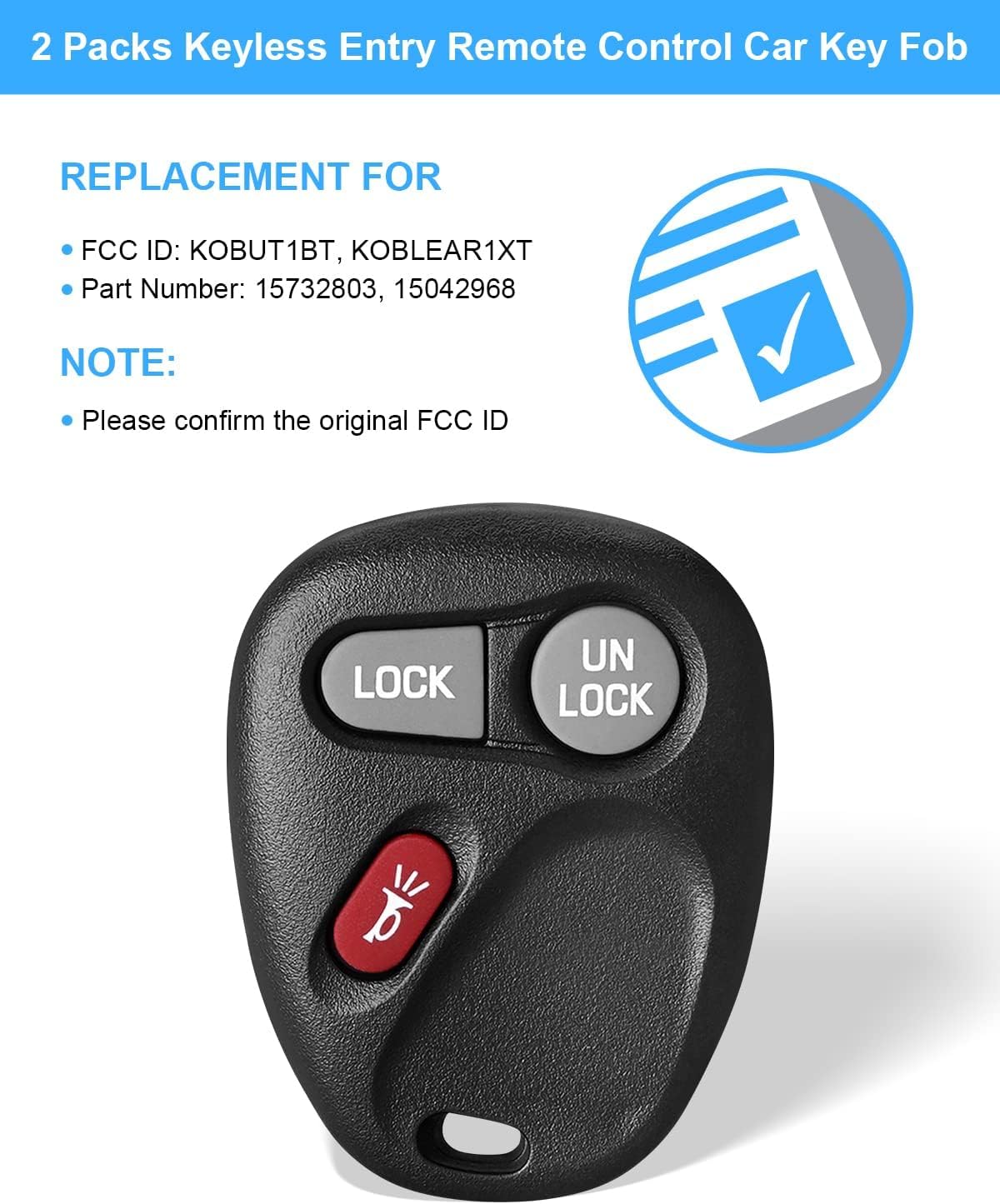 Keyless Entry Remote Control Car Key Fob Replacement for Chevy S10 Silverado Suburban Avalanche Tahoe, GMC Yukon Sonoma Sierra, Cadillac Escalade, 3 Button KOBLEAR1XT (2 Pack) 4
