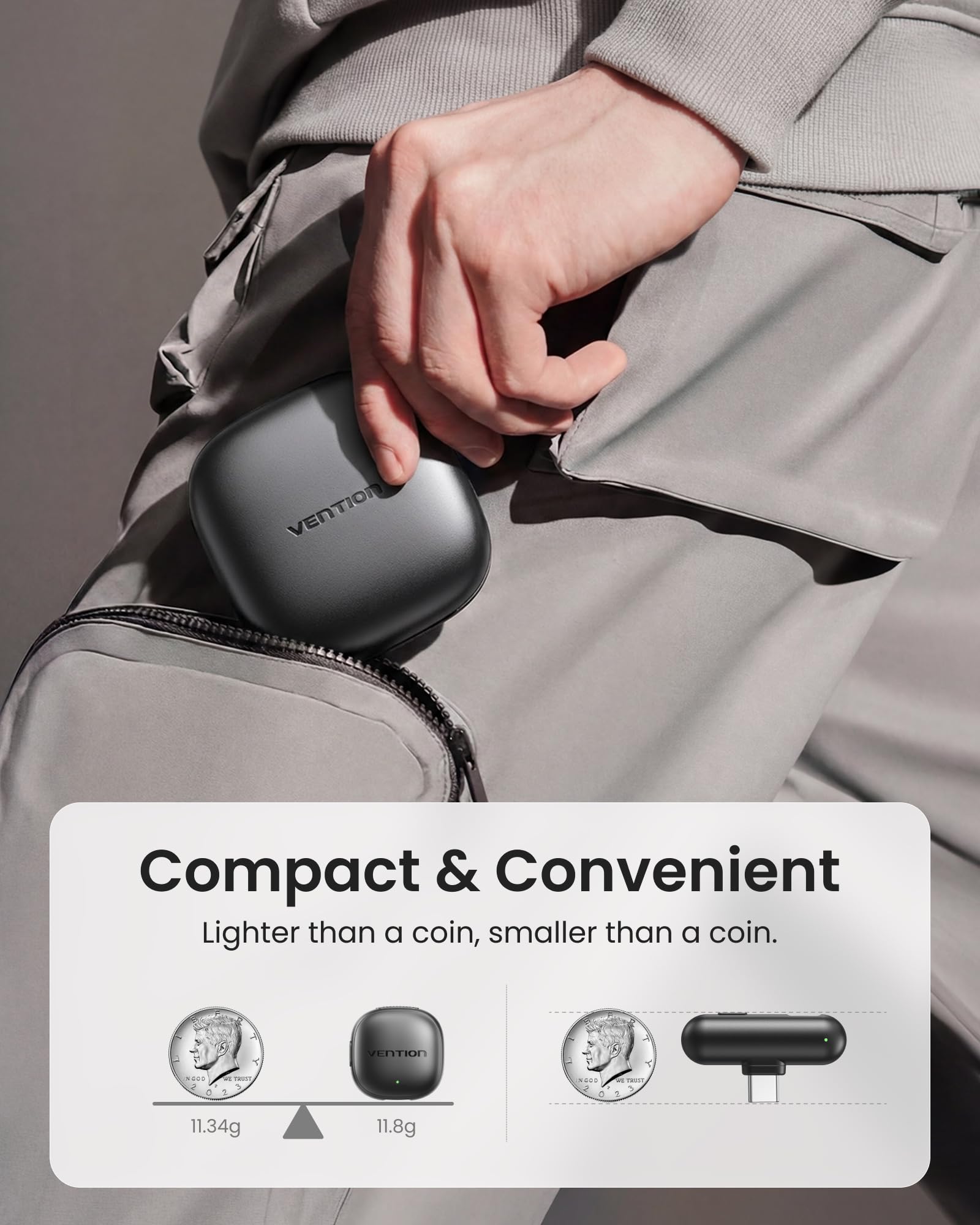 VENTION Mini Wireless Microphone for iPhone 17/16/15 Pro Max, USB C Bluetooth Microphone for Android/Camera, Ai Noise Cancelling Lavalier Mic with 24H Charging Case for Video Recording Vlogging 4