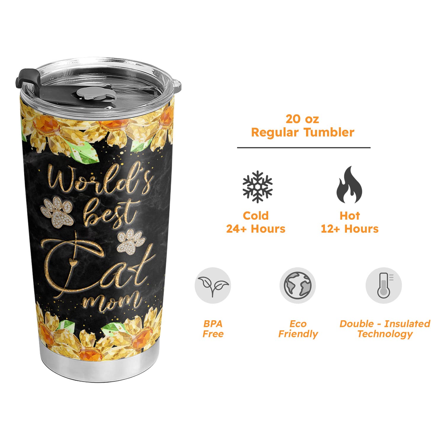 20oz Cat Gifts for Cat Lovers, Cat Lover Gifts for Women, Valentines Day Gifts for Her, Cat Mom Gifts for Women Cat Themed Gifts Sunflower Cat Tumbler Cup, Insulated Travel Coffee Mug with Lid 5