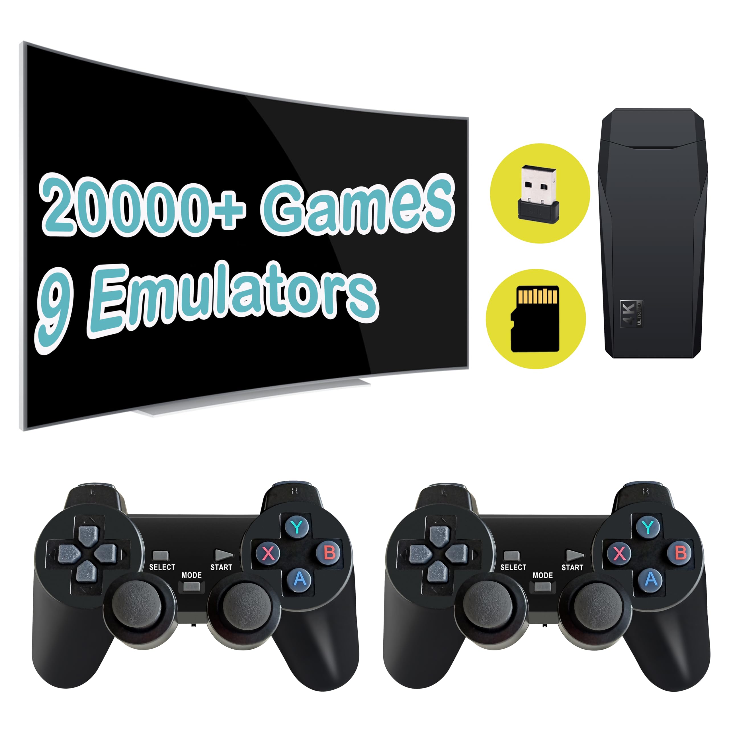 Retro Game Console, Plug and Play Video Game Console Built-in 9 Emulators, 20,000+ Games, 4K HDMI Output for TV with Dual Controllers（Black 2