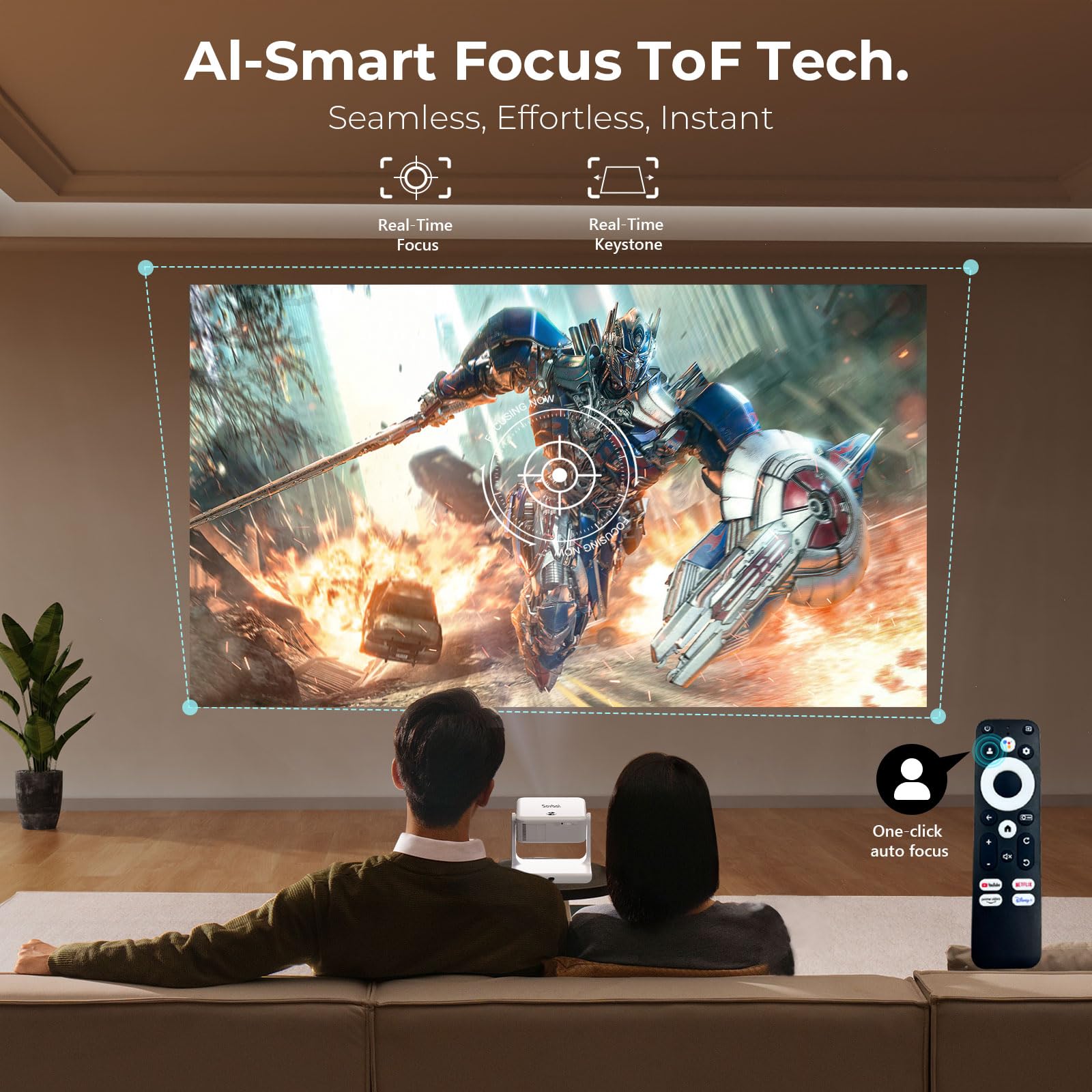 Outdoor-Projector-4K [1200 ANSI/Google TV/Voice Control] Smart Projector with WiFi 6 and Bluetooth, 10,000+ Apps, AI Focus Portable Proyector with Netflix, Sovboi 1080P Audio Movie Home [180° Stand] 6