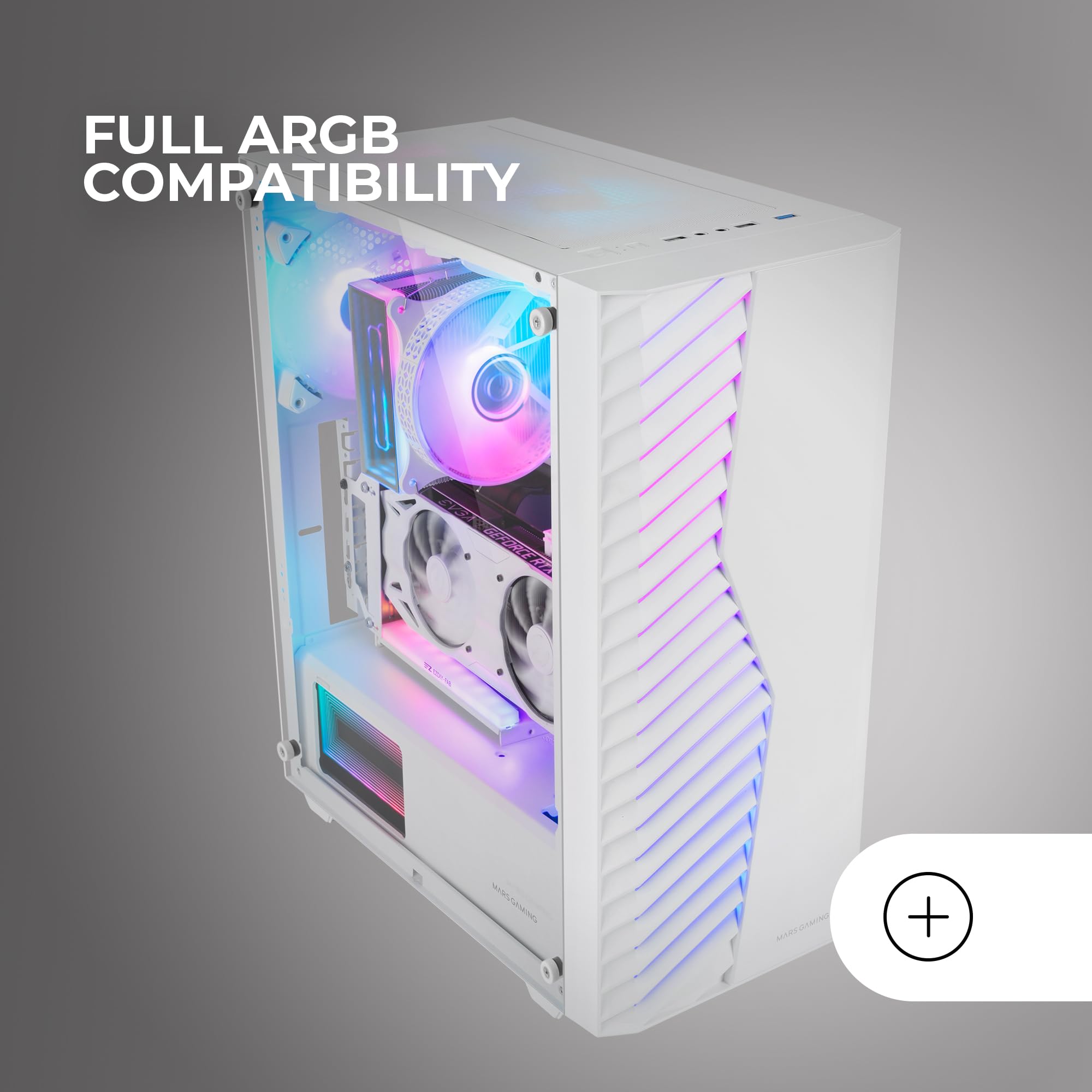 MARSGAMING MC-Volt Gaming ATX Case, 120 mm ARGB Fan, Front Grille with ARGB, Full Side Tempered Glass Side Window, Cable Management, Semi-Tower for Liquid Cooling, White 5