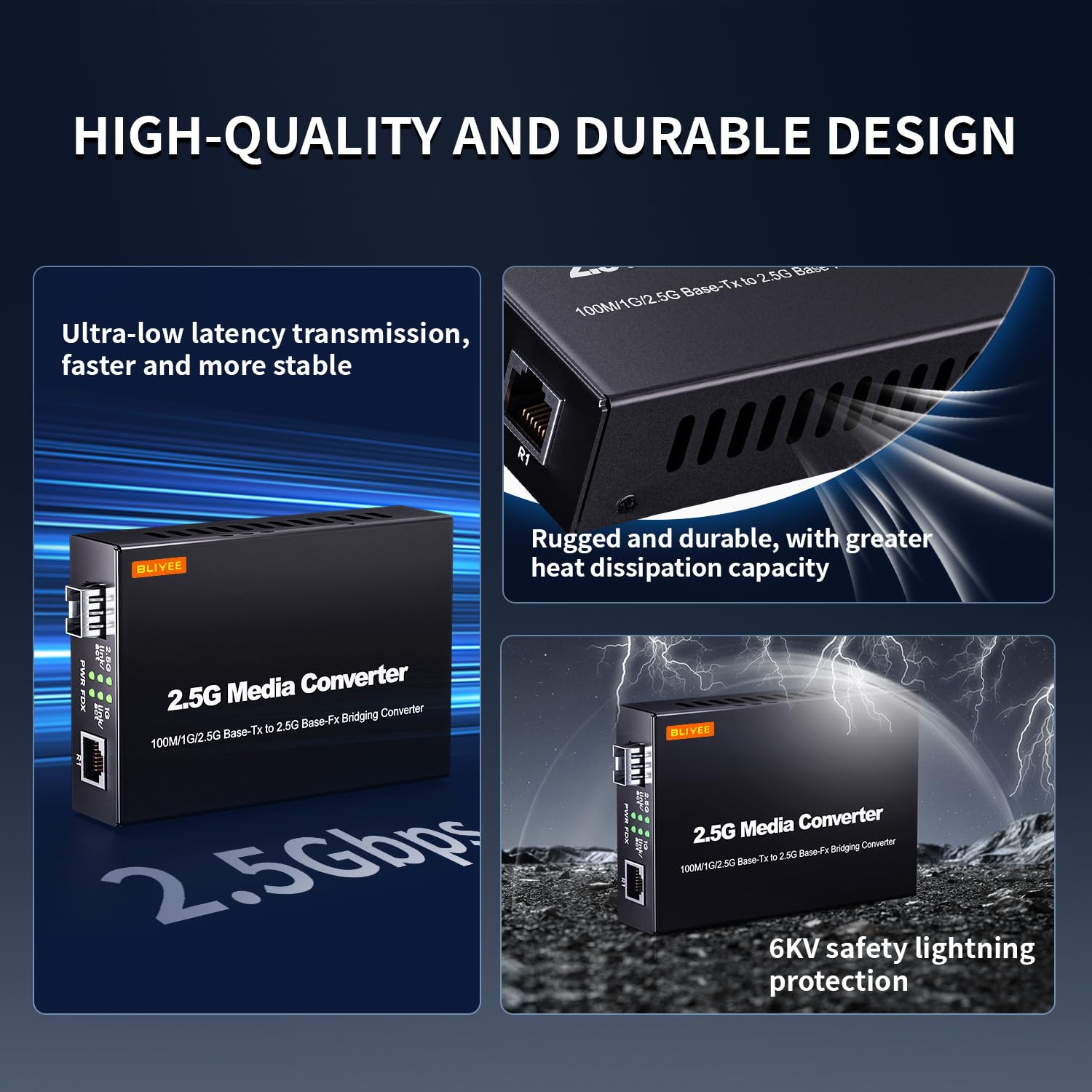 BLIYEE 2.5G Media Converter, Unmanaged 1x 100M/1G/2.5G Base-T Fiber Transceiver, SFP to RJ45 Converter, Support 2.5GBase-SR/LR Transceiver, Auto-Negotiation, Plug and Play 4