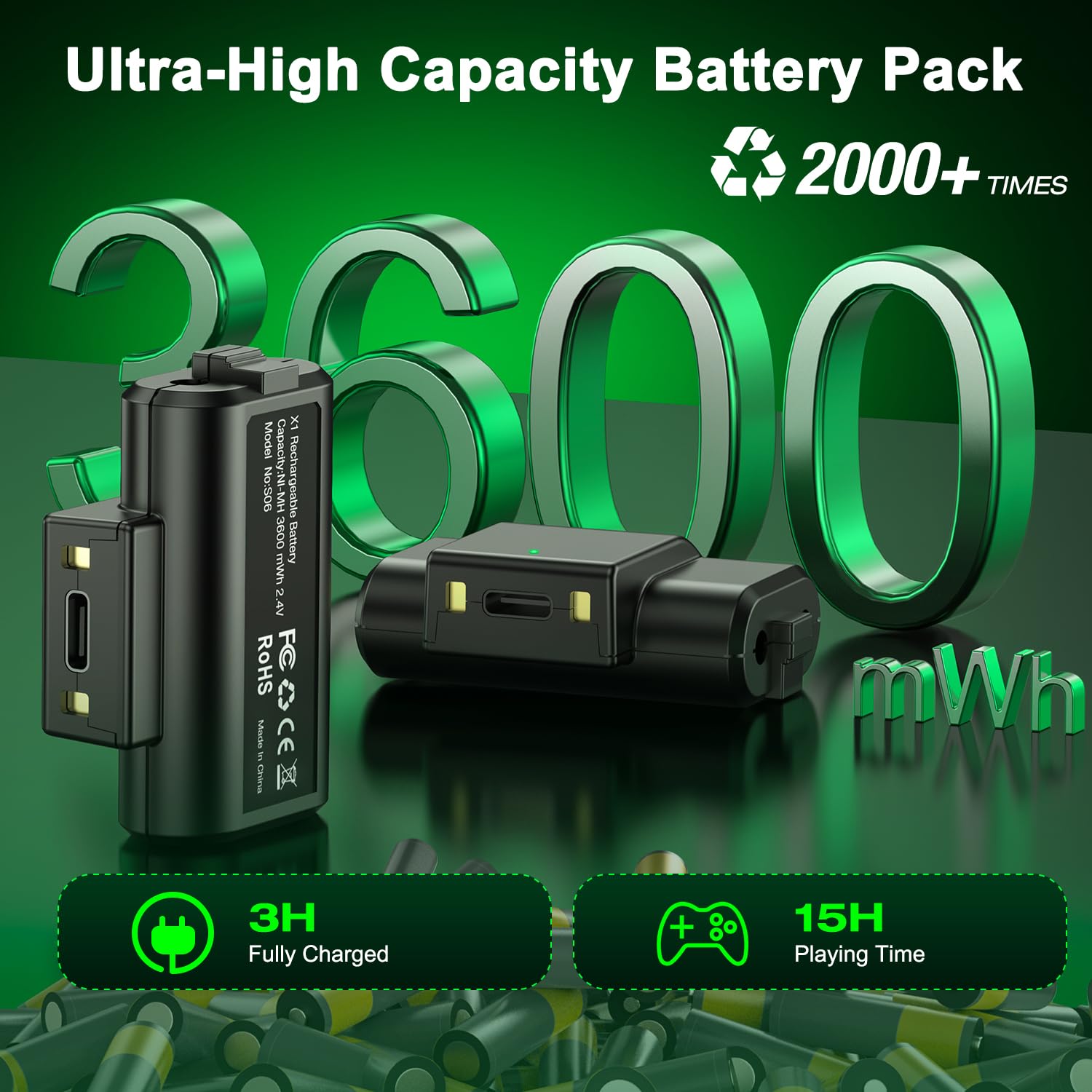 Controller Charger Station for Xbox one, Charging Station for Xbox Controller Battery Pack, 2 x 3600mwh Xbox Rechargeable Battery Pack Compatible with Xbox Series X|S/Xbox One/Xbox One S/X/Elite 3