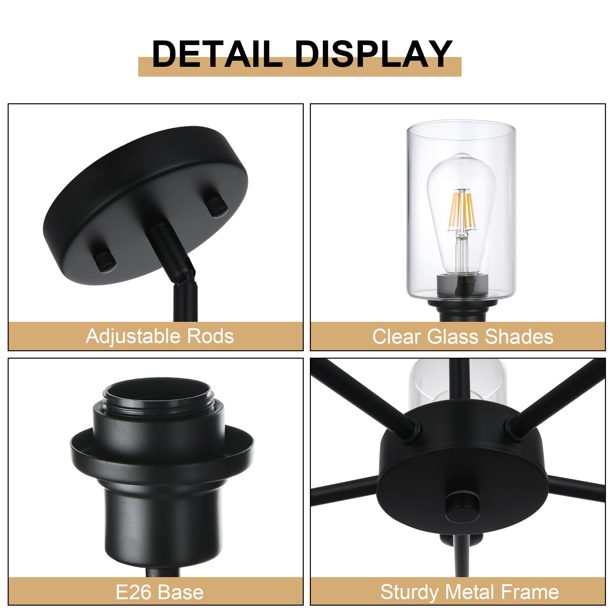 VINLUZ 5-Light Classic Black Dining Room Light Fixture, Modern Industrial Hanging Chandeliers with Clear Cylinder Glass Shades, Pendant Light Fixtures for Living Room, Kitchen, Foyer, Hallway 5