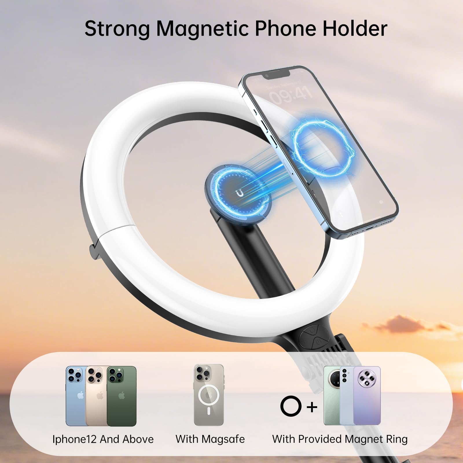 10.2" Magnetic Ring Light with 64" Tripod for iPhone Mag Safe, 5000mAh Rechargeable Ring Light with Stand, 3000k-6500K Phone Tripod with Light for Video, Photography, Live Stream, TikTok, YouTube 4