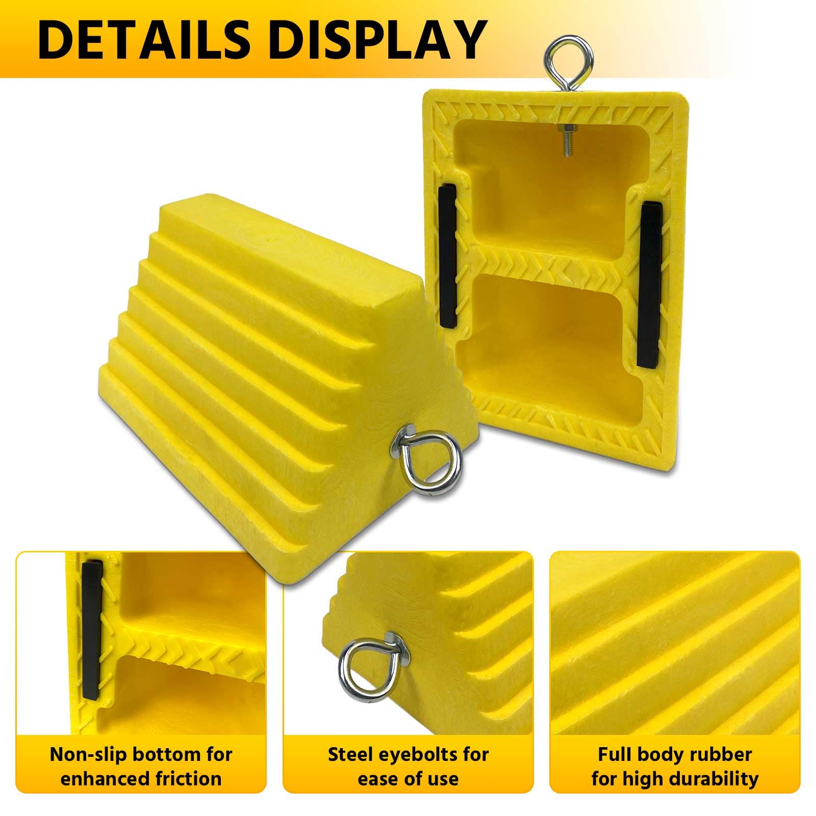 ROBLOCK 4 Packs Wheel Chocks Heavy Duty Yellow with Eyebolt for Travel Trailer Camper, Truck, Car and ATV(Yellow) 4