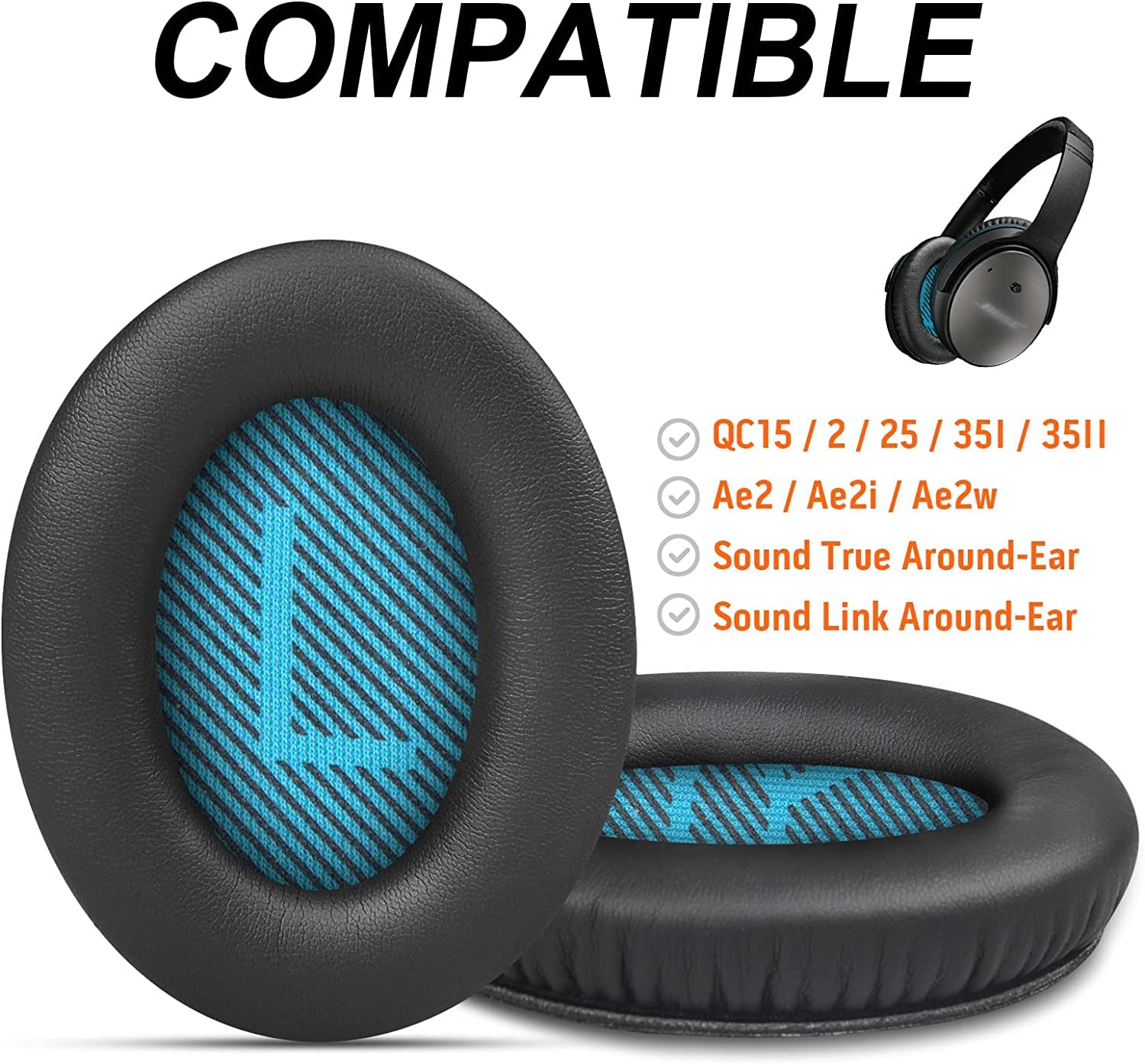Replacement Ear Pads for Bose QC25 QC35 Memory Foam Also Fits QuietComfort 2/QC15/QC35 II/Ae2 / Ae2i / Ae2w / SoundLink 1&2/SoundTrue 1&2 Around-Ear (Dark Black) 3
