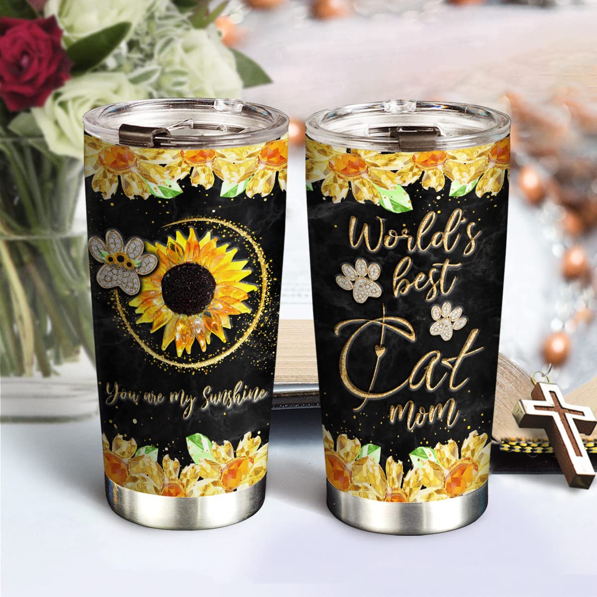 20oz Cat Gifts for Cat Lovers, Cat Lover Gifts for Women, Valentines Day Gifts for Her, Cat Mom Gifts for Women Cat Themed Gifts Sunflower Cat Tumbler Cup, Insulated Travel Coffee Mug with Lid 2