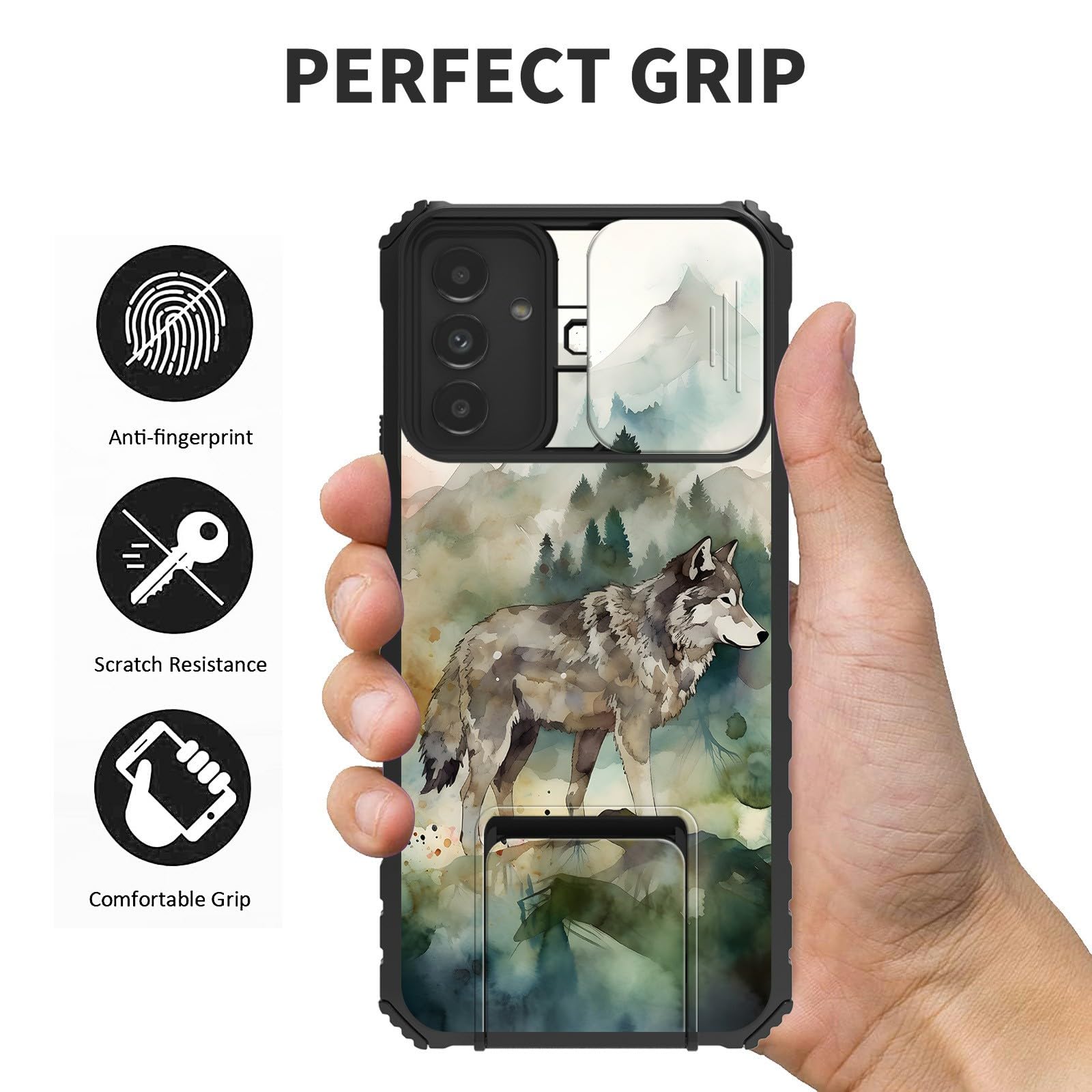 DHYYDSQZ for Samsung Galaxy A14 5G Phone Case with Sliding Camera Cover & Stand Kickstand Dual Layer Hybrid Heavy Duty Shockproof Protective Case for Samsung A14 5G 6.6" 2023, Watercolor Art Wolf 6