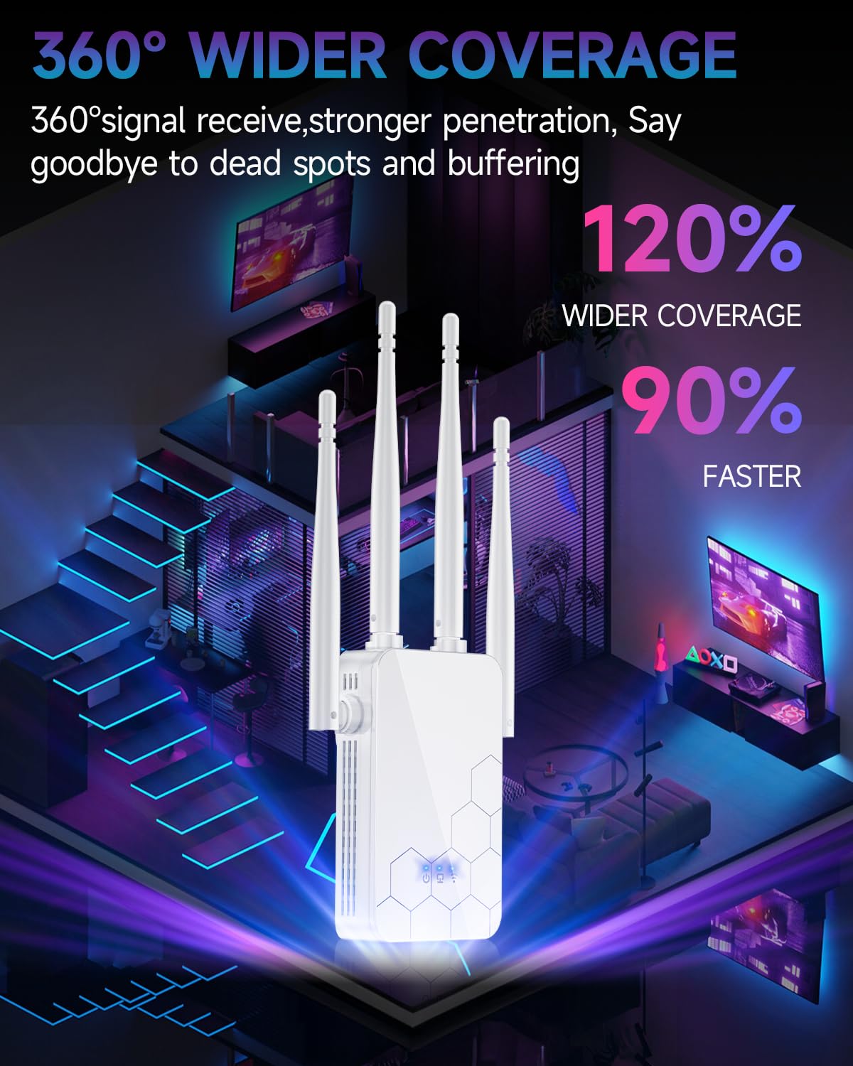 WiFi Extender Internet Booster, 10000 Sq.ft Long Range Repeater Wireless Routers Amplifier, Mesh Wi-Fi 80% Faster, 1 Tap Setup, Broader Than Ever, Support More Network Devices at Home 4