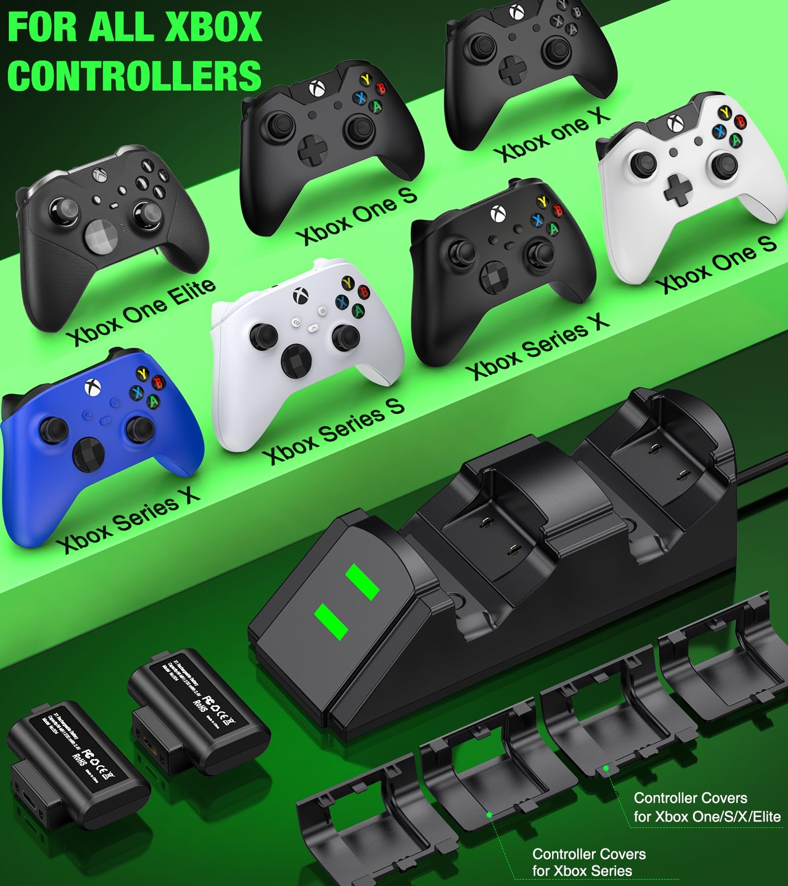 Xbox One Consoles-Xbox Rechargeable Battery with Xbox Controller Charger, 2x1200 Xbox Controller Battery Pack for Xbox Series X/S, Xbox Charging Station for Xbox One/S/X/Elite 4