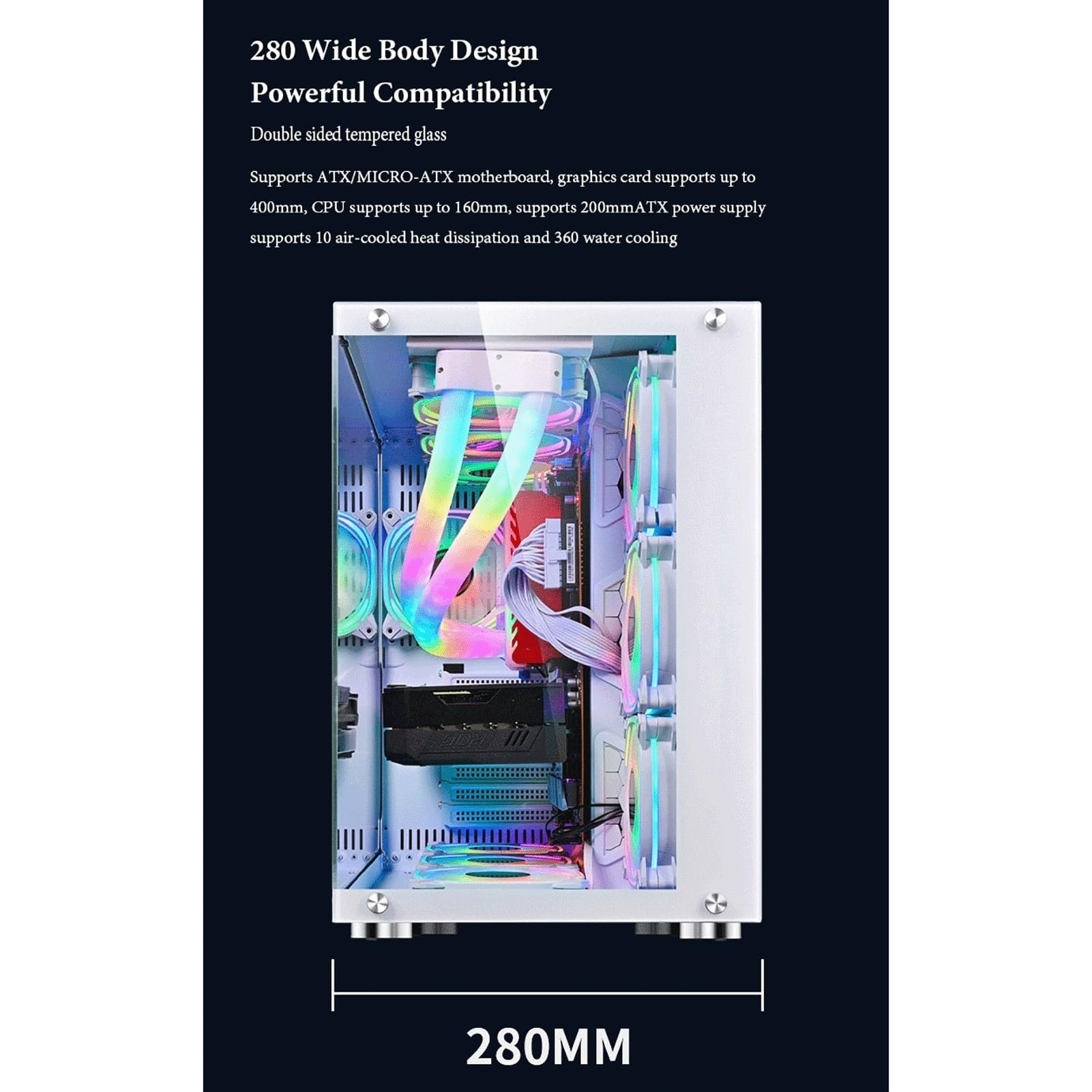 ATX Case, Mid-Tower PC Gaming Case ATX/M-ATX - Front I/O USB 3.0 Port - Tempered Glass Side Panel - Support Water Cooling - 10 Fan Position(V) 4