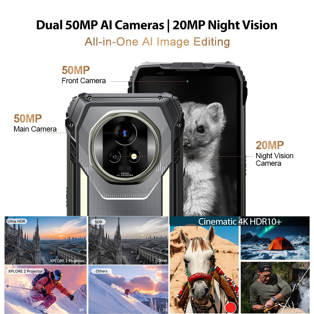 Blackview XPLORE 2 (48GB+1TB) Rugged Smartphone with Projector – 6.73" 120Hz AMOLED, 5G Dimensity 8300, 20000mAh / 120W Charging, 50MP Camera, Android 15, 467LM Dual Camp Lights WiFi 6E IP69K 6