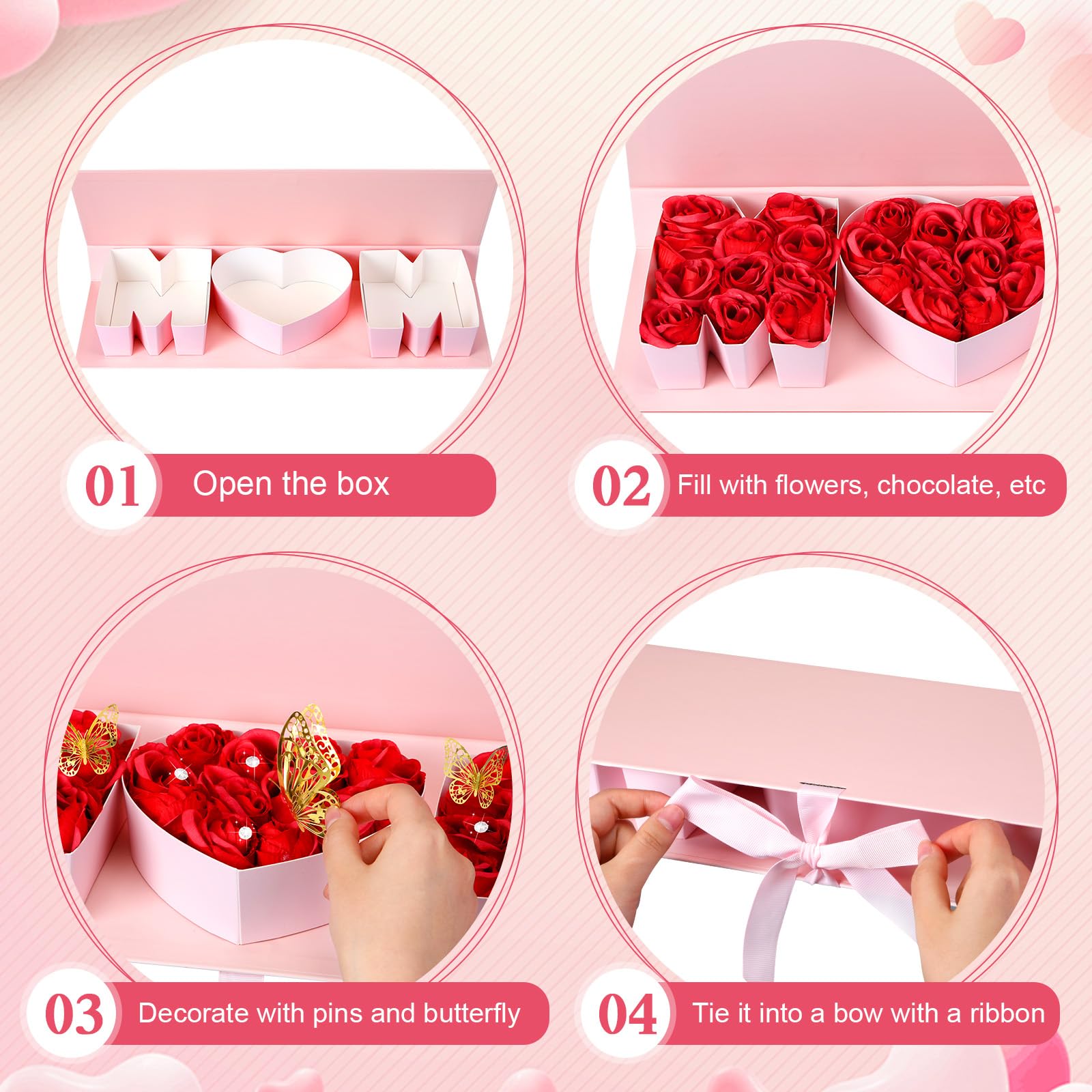 Cholemy Mother's Day MOM Empty Flower Gift Box Letter Shaped Fillable MOM Gift Box with Plastic Liners 24 Gold Butterfly Decor 50 Bouquet Flower Pins DIY Craft Gift Set for Valentine Birthday (Pink) 4