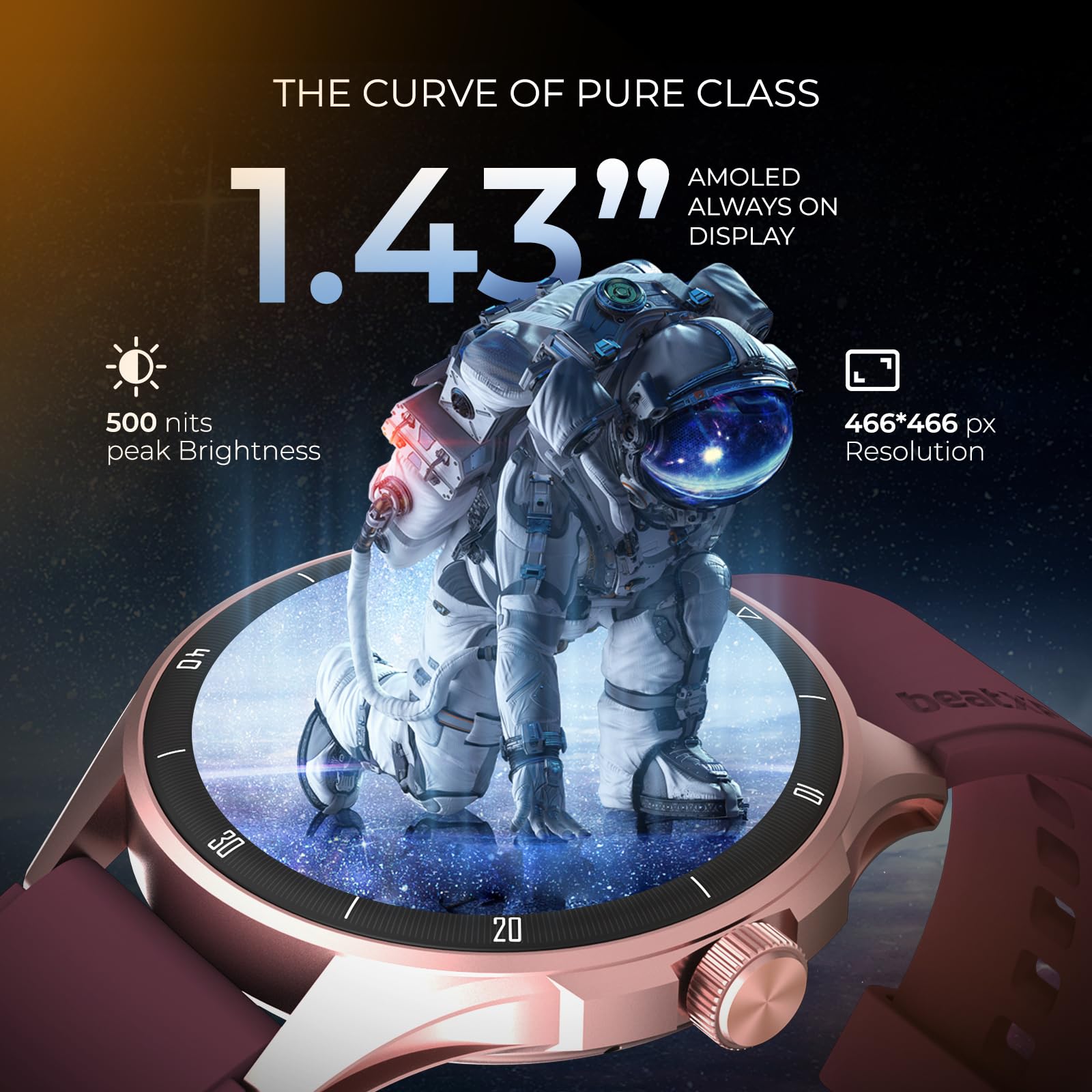 beatXP Vega Neo 1.43" (3.6 cm) Super AMOLED Display, One-Tap Bluetooth Calling Smart Watch, Metal Body, 466 * 466px, 500 Nits Brightness (Gold & Deep Wine) 4