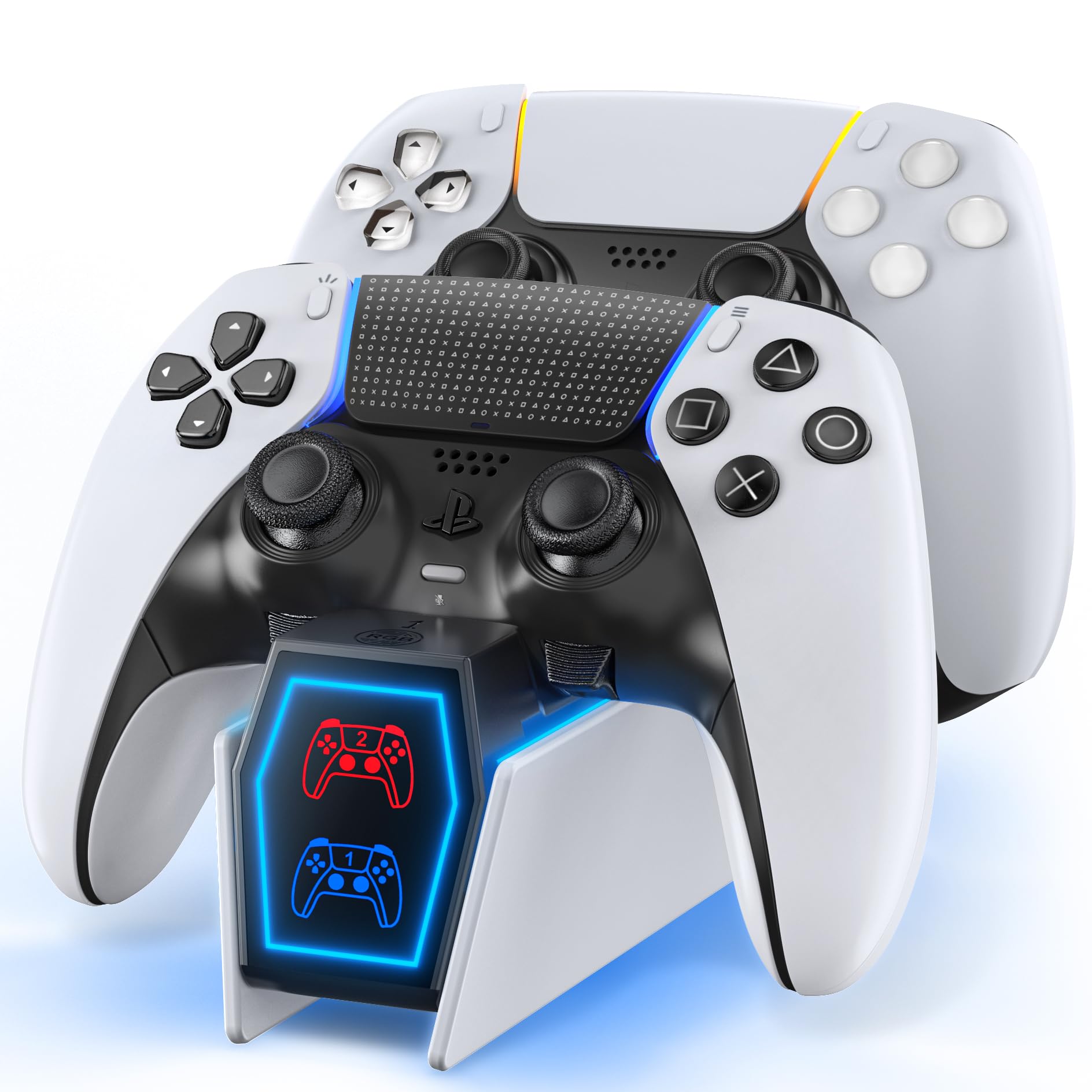 PS5 Controller Charging Station with 9 RGB LED Lights, PS5 Charger Station Compatible with PlayStation Console Skin Original & Edge Controller, PS5 Controller Accessories Charging Dock Stand 1