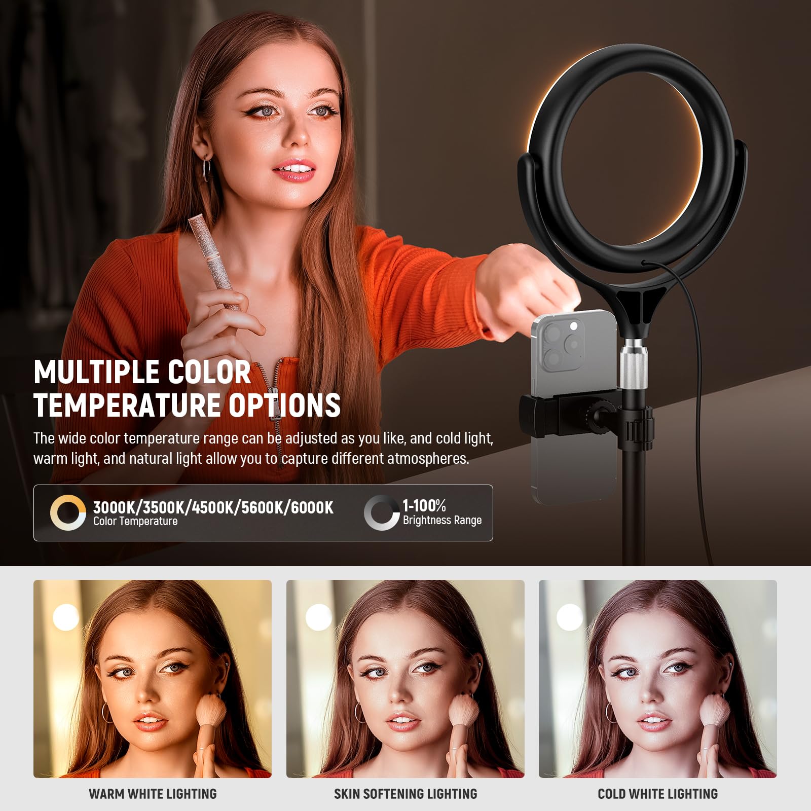 NEEWER Basics 7" Desk Ring Light with Stand/Phone Holder Compatible with iPhone, 10W CRI95+ Bi Color LED Selfie Light for TikTok Recording Laptop Webcam Zoom Video Conference Lighting Makeup, RL7B 4