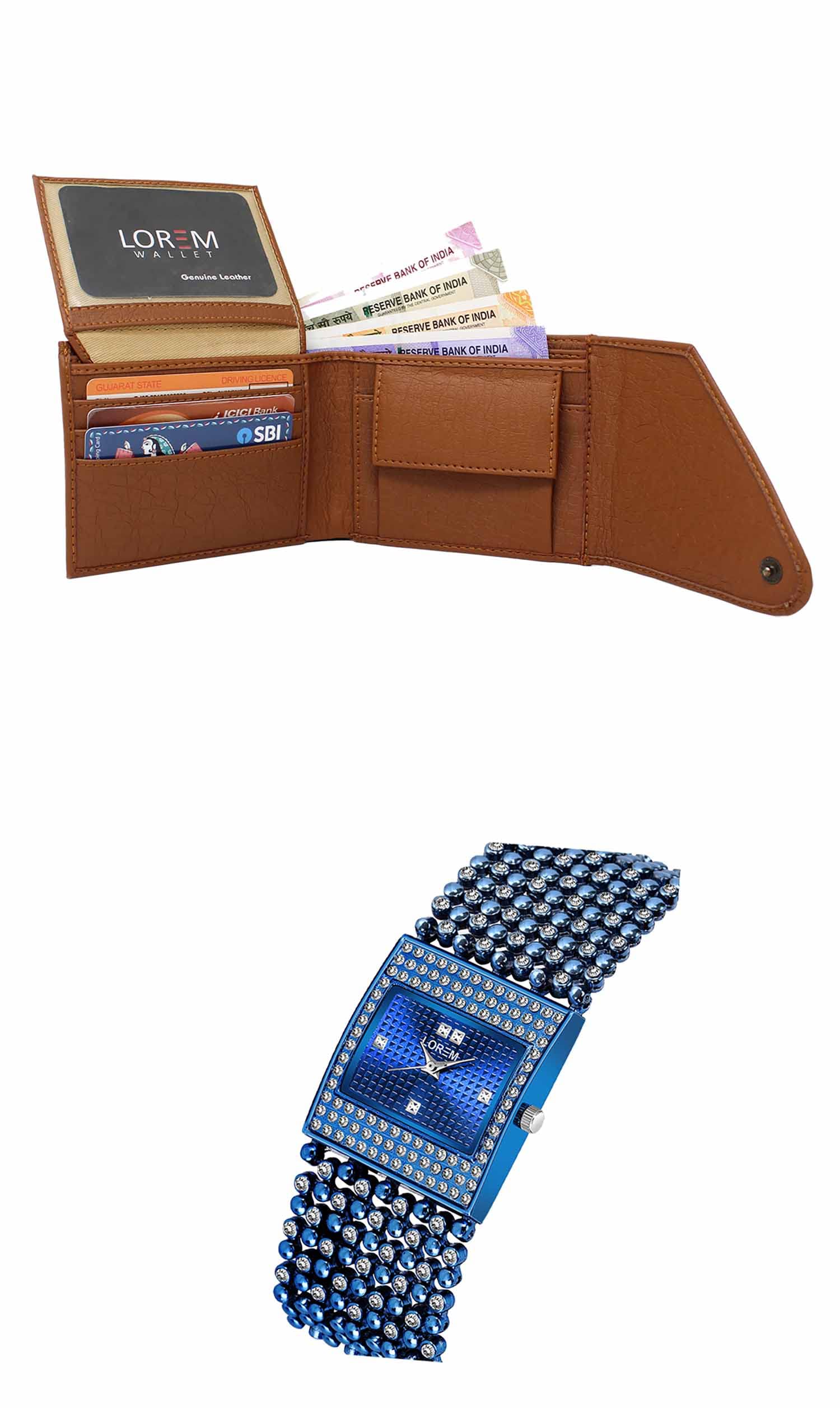 LOREM Tan Color Faux Leather Wallet & Blue Analog Watch Combo for Men & Women | WL01-LR290 4