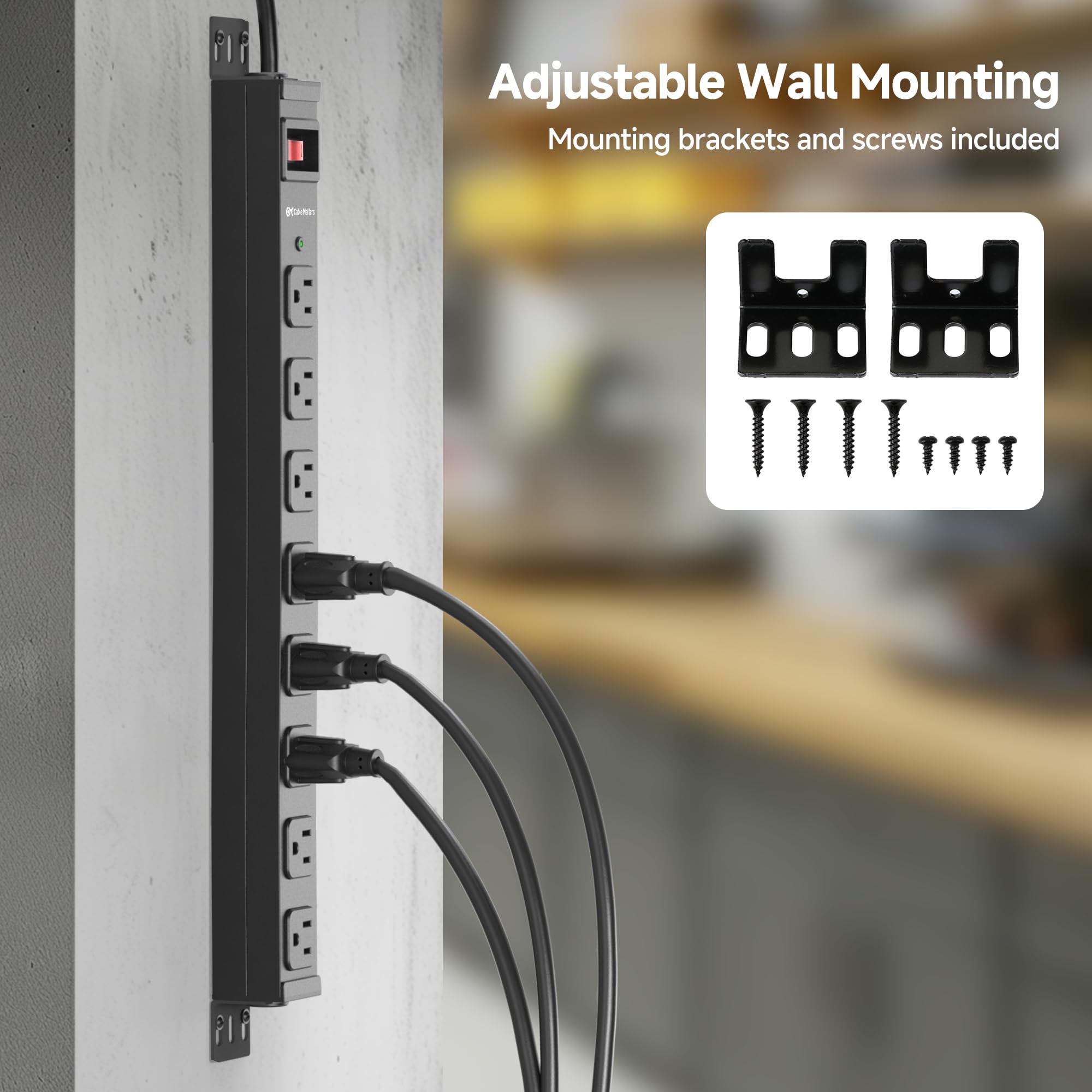 [ETL Certified] Cable Matters Wall-Mountable 8 Outlet Power Strip - 8ft Cord, Metal, 2100J Surge Protector with 15A Circuit Breaker, Industrial Power Strip Surge Protector for Garage, Workshop, Black 6