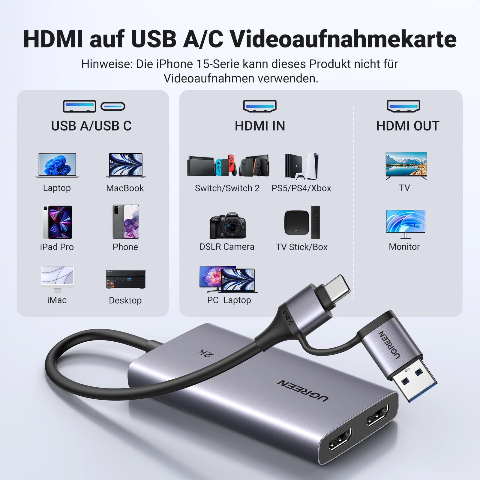 UGREEN 2K@30Hz HDMI Capture Card, 4K@30Hz HDMI Loop Out Video Capture Card USB 3.0 Full HD 1080P 60FPS with Low Latency for Streaming Gaming, Recording, Compatible with Switch 2, PS5, Xbox, PC, Mac 3