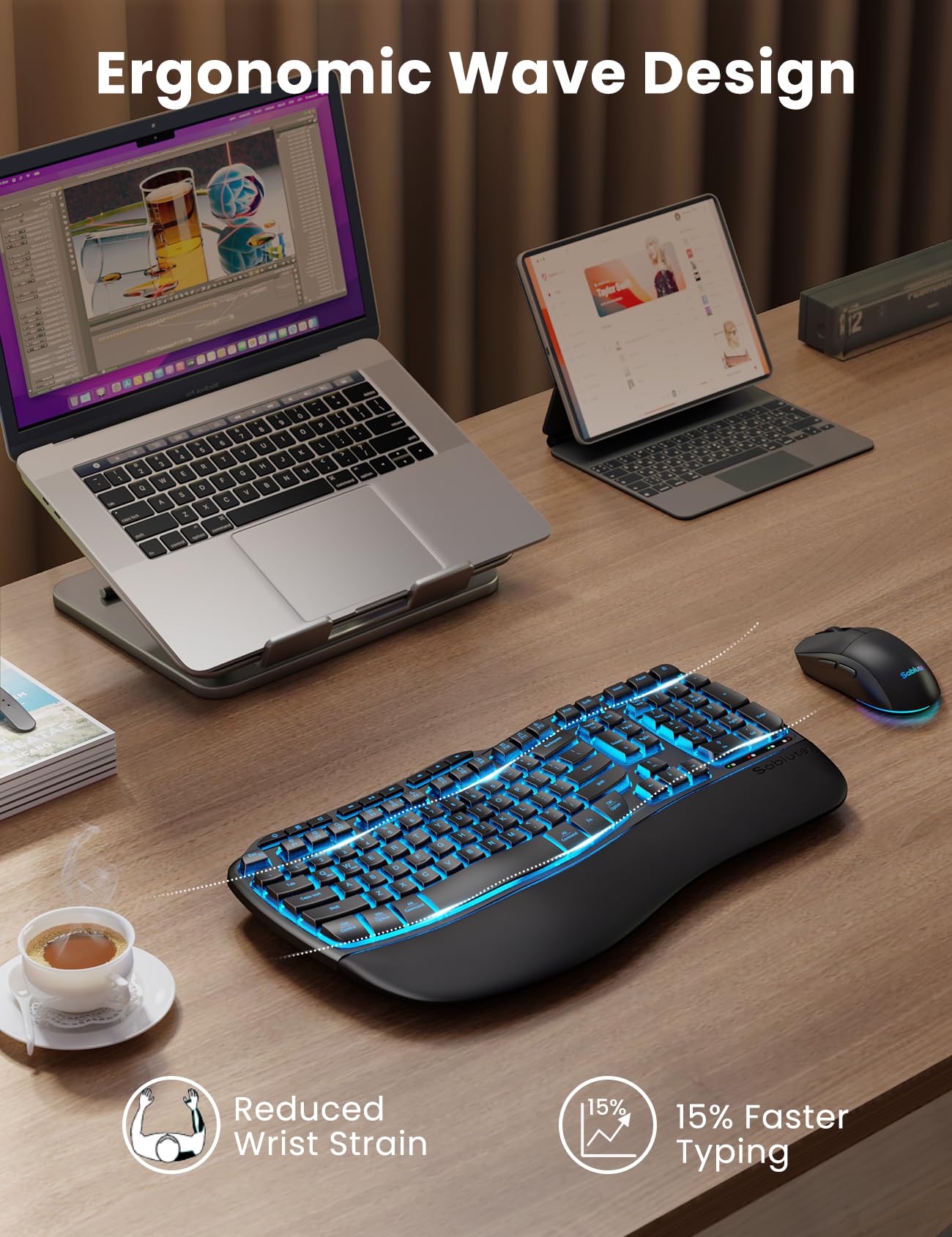 Ergonomic Wireless Keyboard and Mouse Combo, Rechargeable 4000mAh Backlit Keyboard with a Soft, Faux Lambskin Palm Rest, Wave Keys for Natural Typing, Compatible with Windows/Mac/Chromes OS—SABLUTE 3