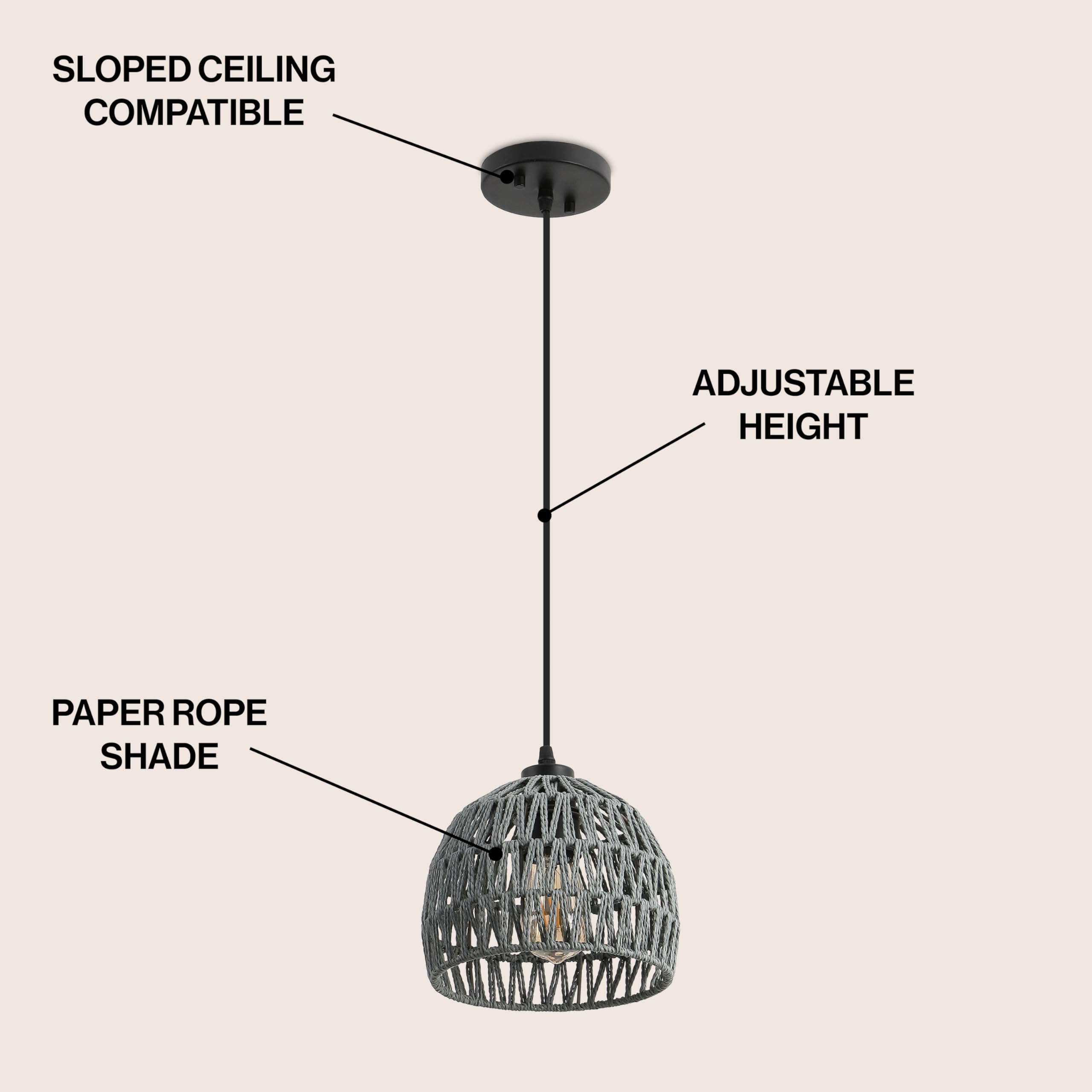 JONATHAN Y JYL6512D Campana 8.25" 1-Light Bohemian Modern Woven Rope/Iron LED Pendant Farmhouse, Coastal, Transitional, Kitchen, Living Room, Hallway, Bedroom, Dining Room, Gray 4