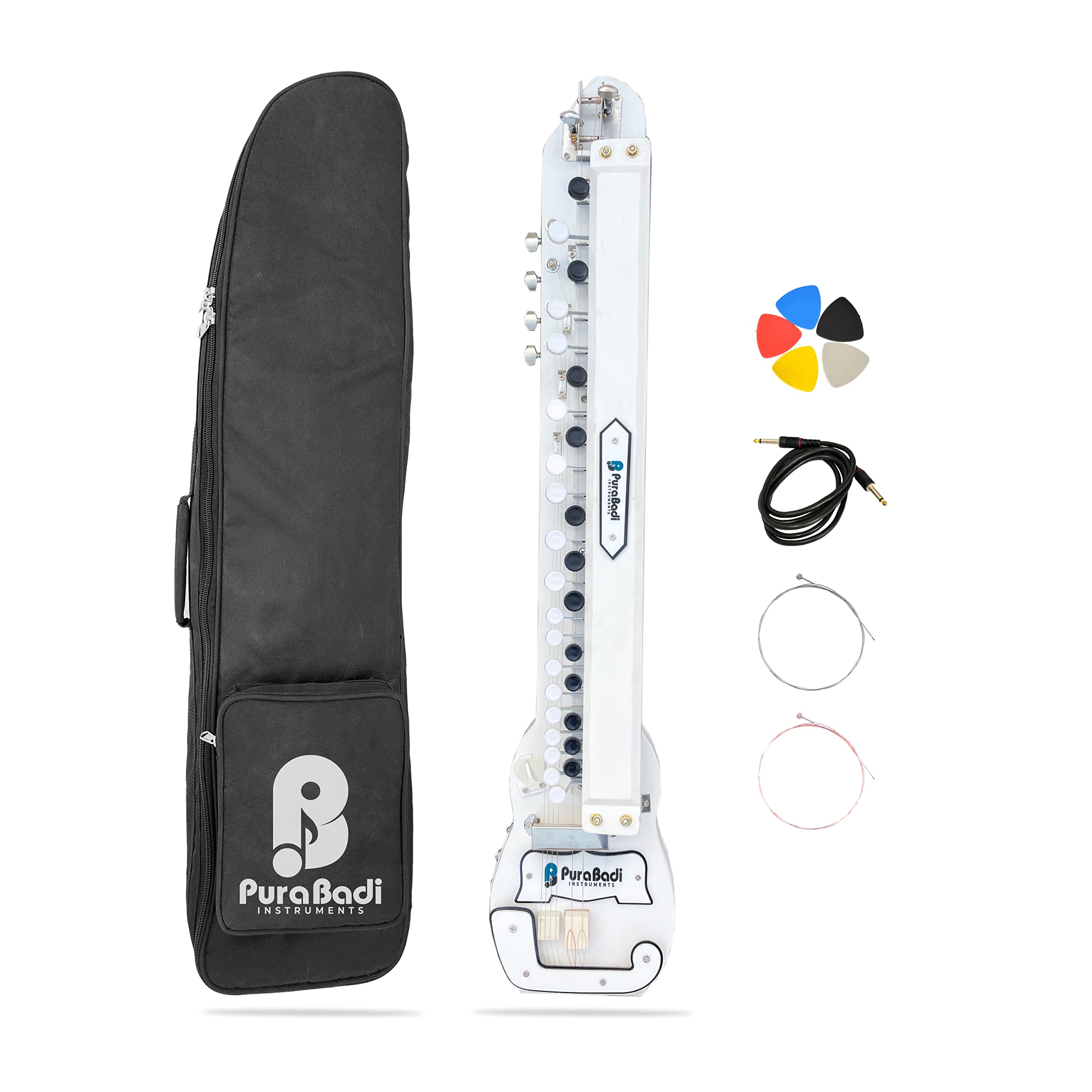Pura Badi Banjo PB29 - Bulbul Tarang, 29 Keys, 6 String, Bag, Extra Strings, Banjo Picks, Jack Cable, Free Lessons (SUPER WHITE)