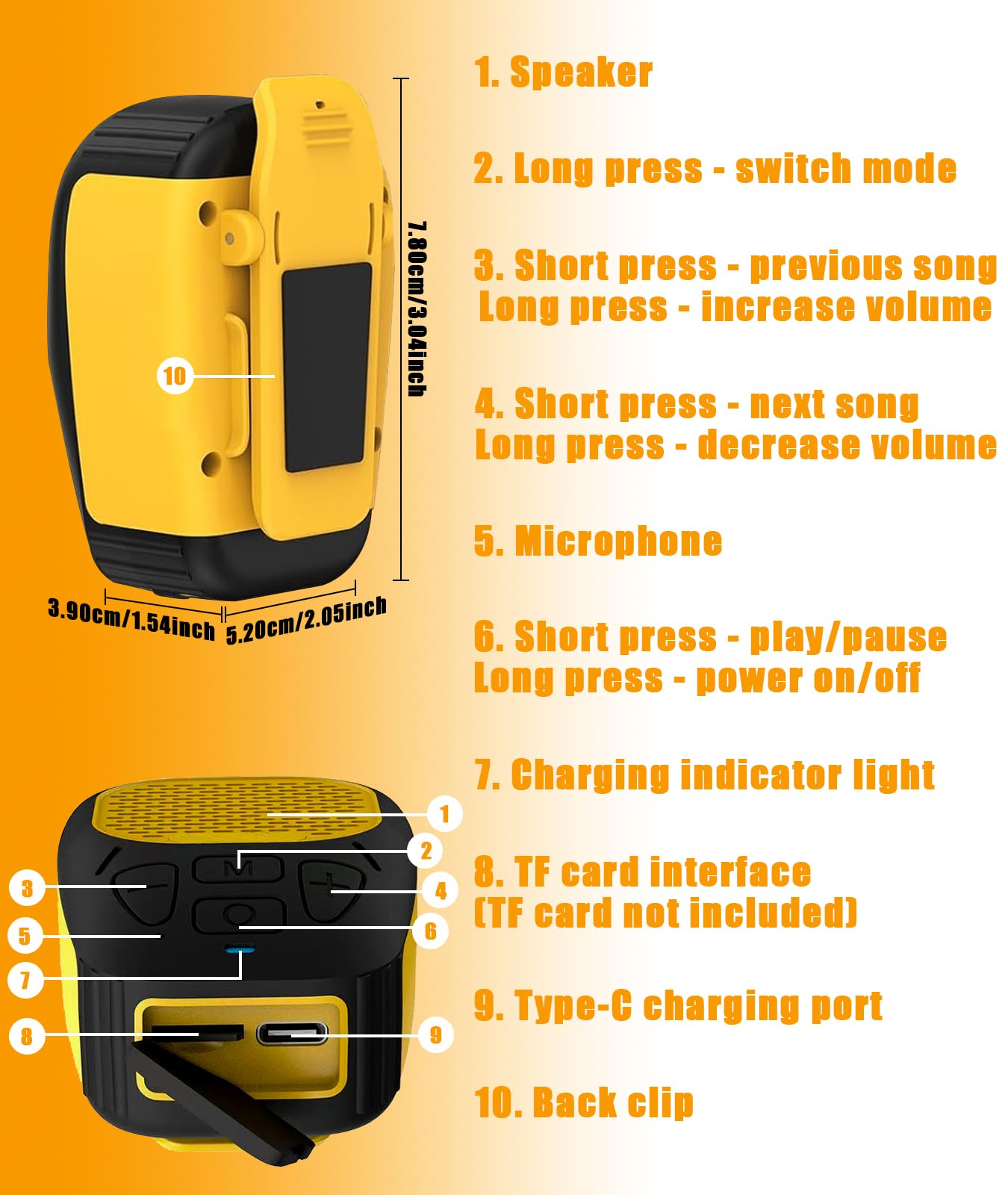 Wearable Bluetooth Speaker (Updated Version), Water-Resistant Portable Speaker Bluetooth with 30H Playtime, Hands-Free Calls, Magnetic Clip for Construction, Suitable for Indoor & Outdoor Use-Yellow 6