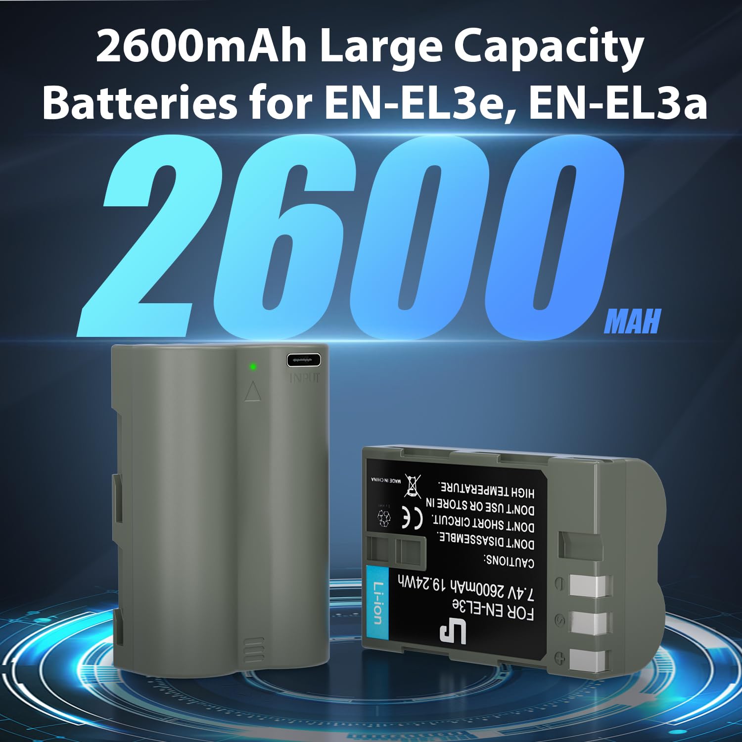 LP EN-EL3e, EL3a, EL3 Battery, 2600 mAh Battery Compatible with Nikon D700, D300s, D300, D200, D100, D90, D80, D70s, D70, D50, MH-18, MH18a, MH-19, MB-D200, MB-D10 Camera 3