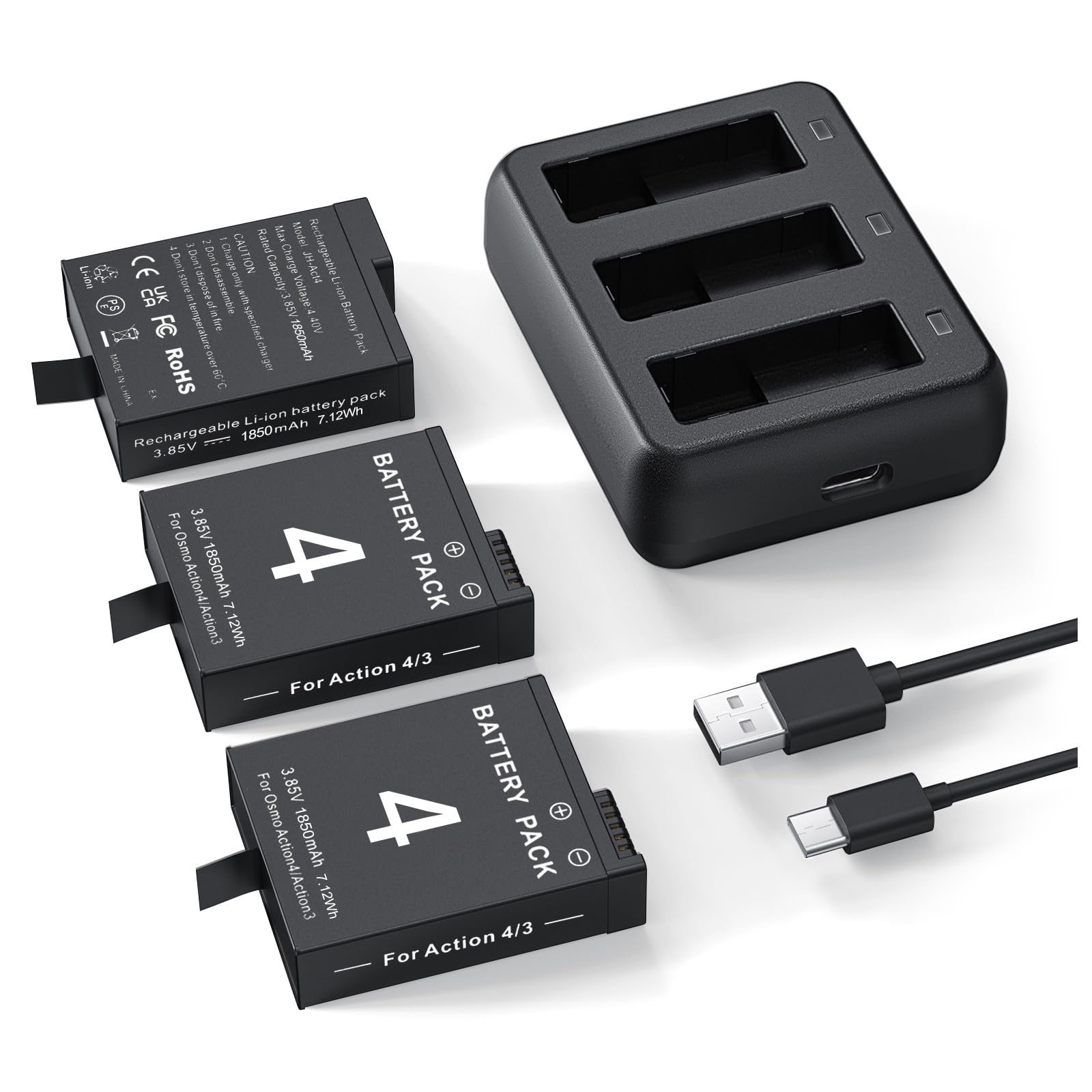 3 Packs Replacement Batteries Compatible with DJI Osmo Action 5pro, Osmo Action 4, Osmo Action 3, 1850mAh Rechargeable Battery, with 3-Channel Battery Charging Base 1