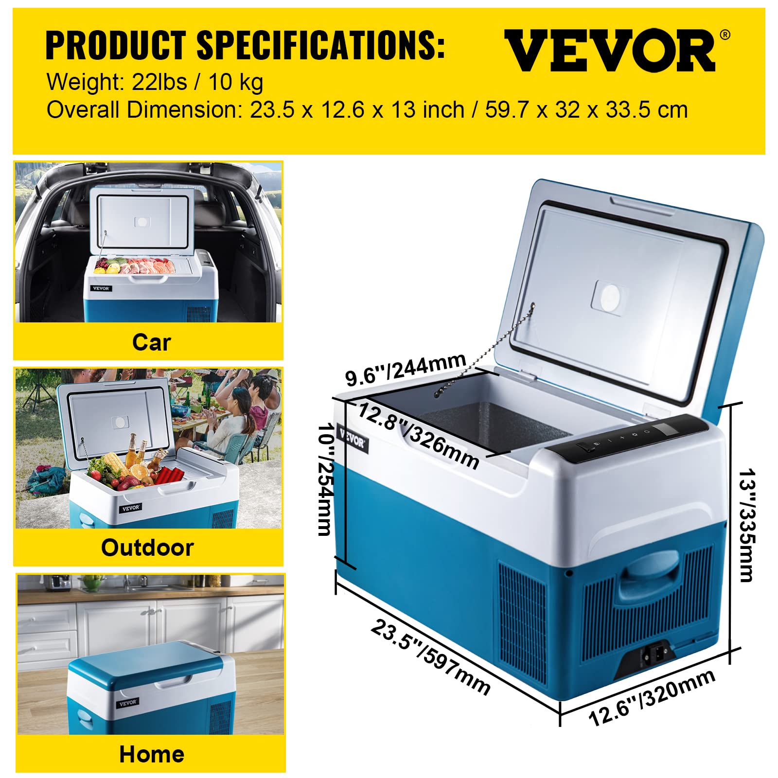 VEVOR B22 Portable 23 Quart(22 Liter) 12 Volt App Control(-4℉~68℉), Car Refrigerator Electric Compressor Cooler with 12/24v DC & 110-240v AC for Camping, Travel, Fishing, Outdoor, White+Blue 4