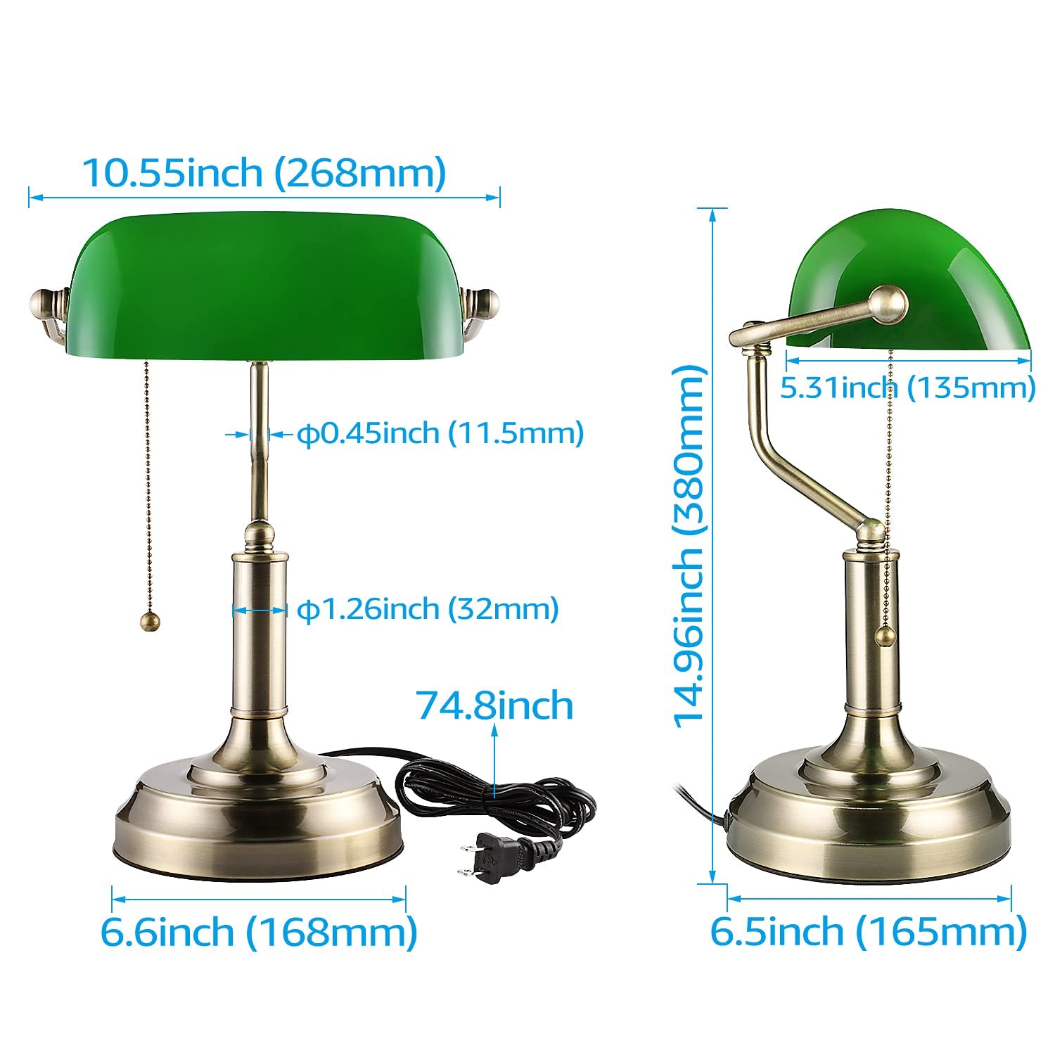 TORCHSTAR Green Glass Bankers Desk Lamp, UL Listed, E26 Base, Vintage Desk Lamp Bundle LED Tubular Light Bulb Dimmable, UL Listed, T45 Edison Bulb 4.5W, 2200K Soft White, E26 Base, Pack of 6 6