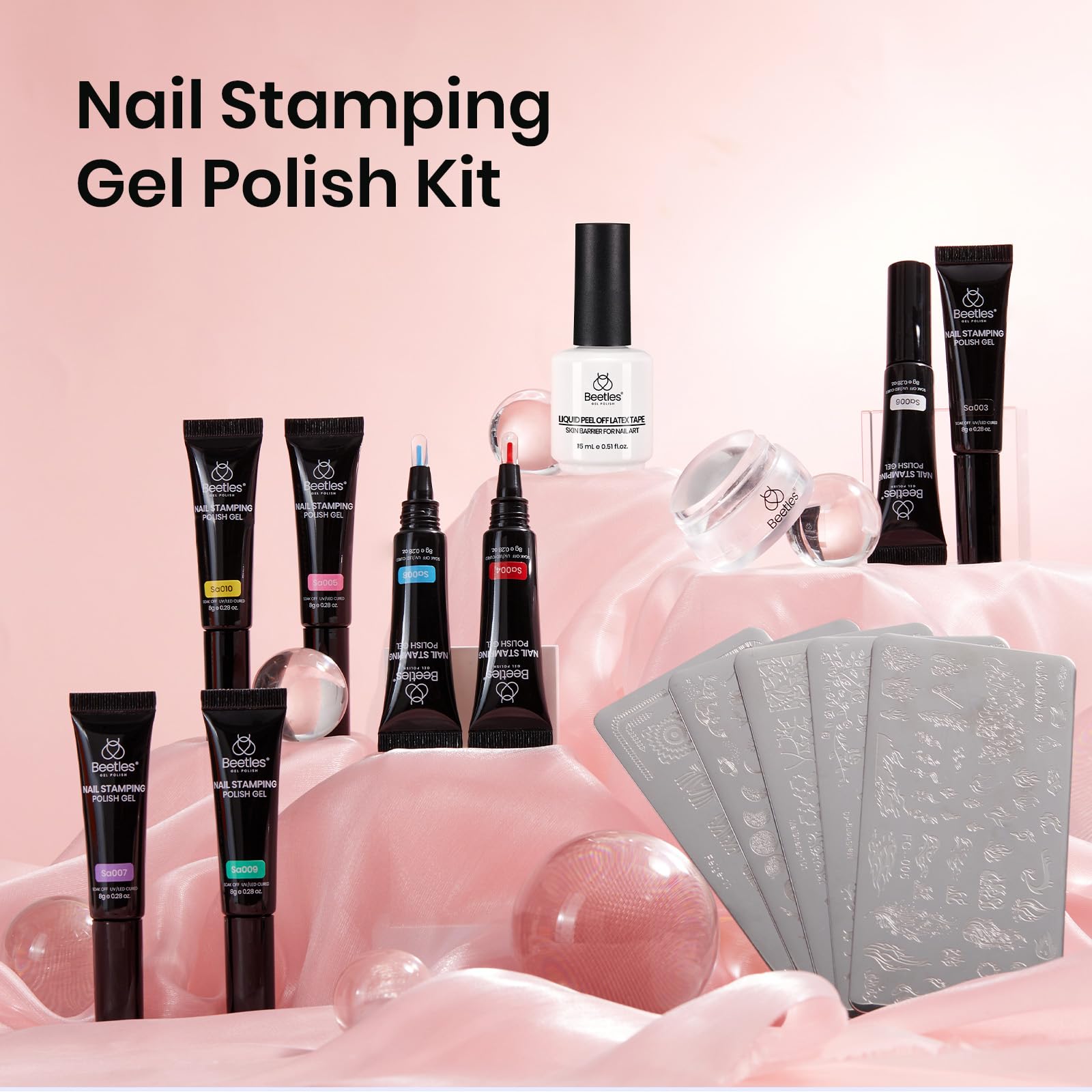 Beetles Nail Stamp Gel 16Pcs French Tip Nail Stamp Kit with 8 Colors Stamper Gel Polish, 5 Nail Stamping Templates, Scrapers, Liquid Latex & Short Silicone Stamper Valentine's Day Gift for Women 4