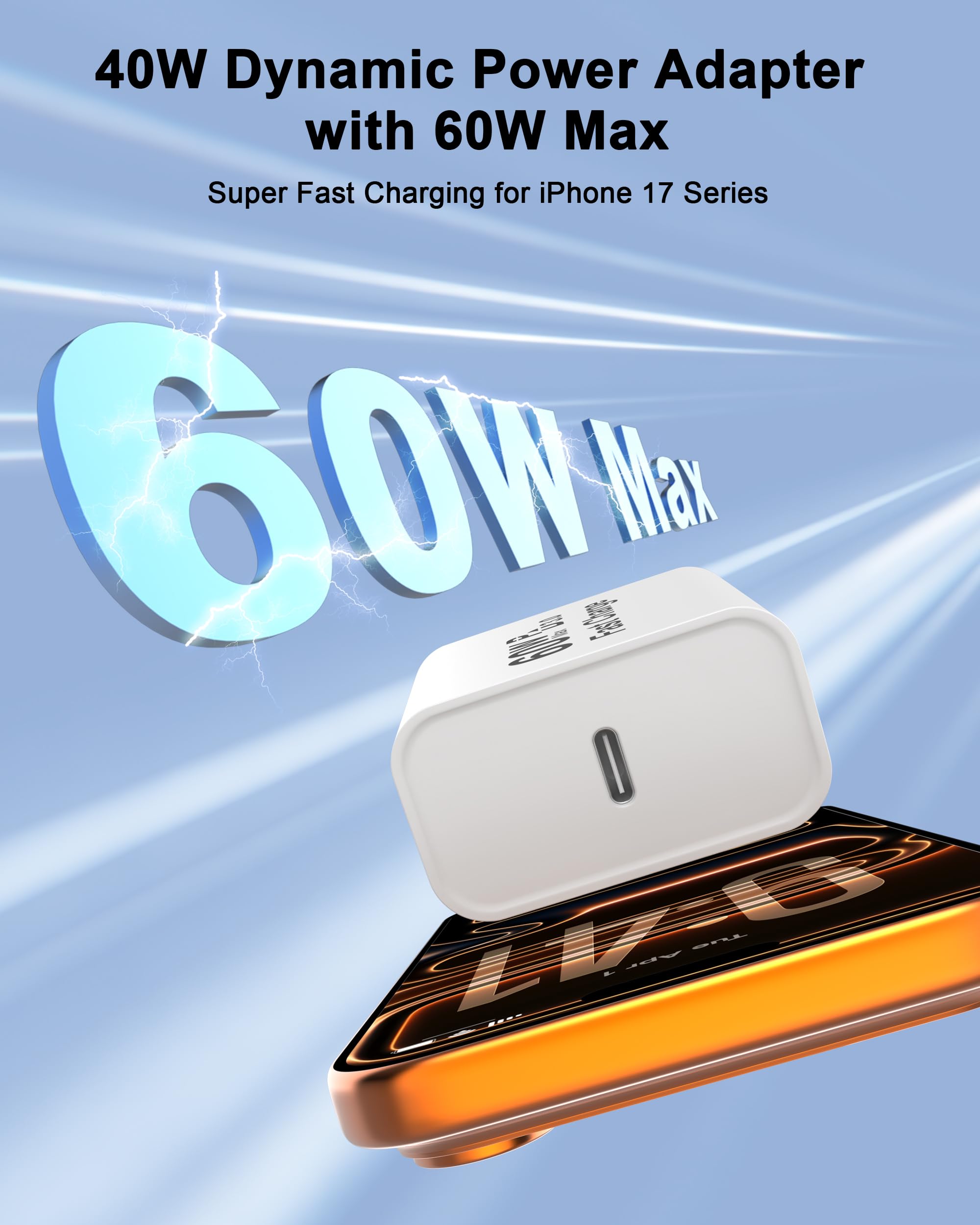 iPhone 17 Pro Max Charger Fast Charging, 40W Dynamic Power Adapter with 60W Max Charger Block & 10FT Long Type C Charging Cable Cord Compatible for iPhone 17/Air/17 Pro/17 Pro Max/16 15 Pro Max 3