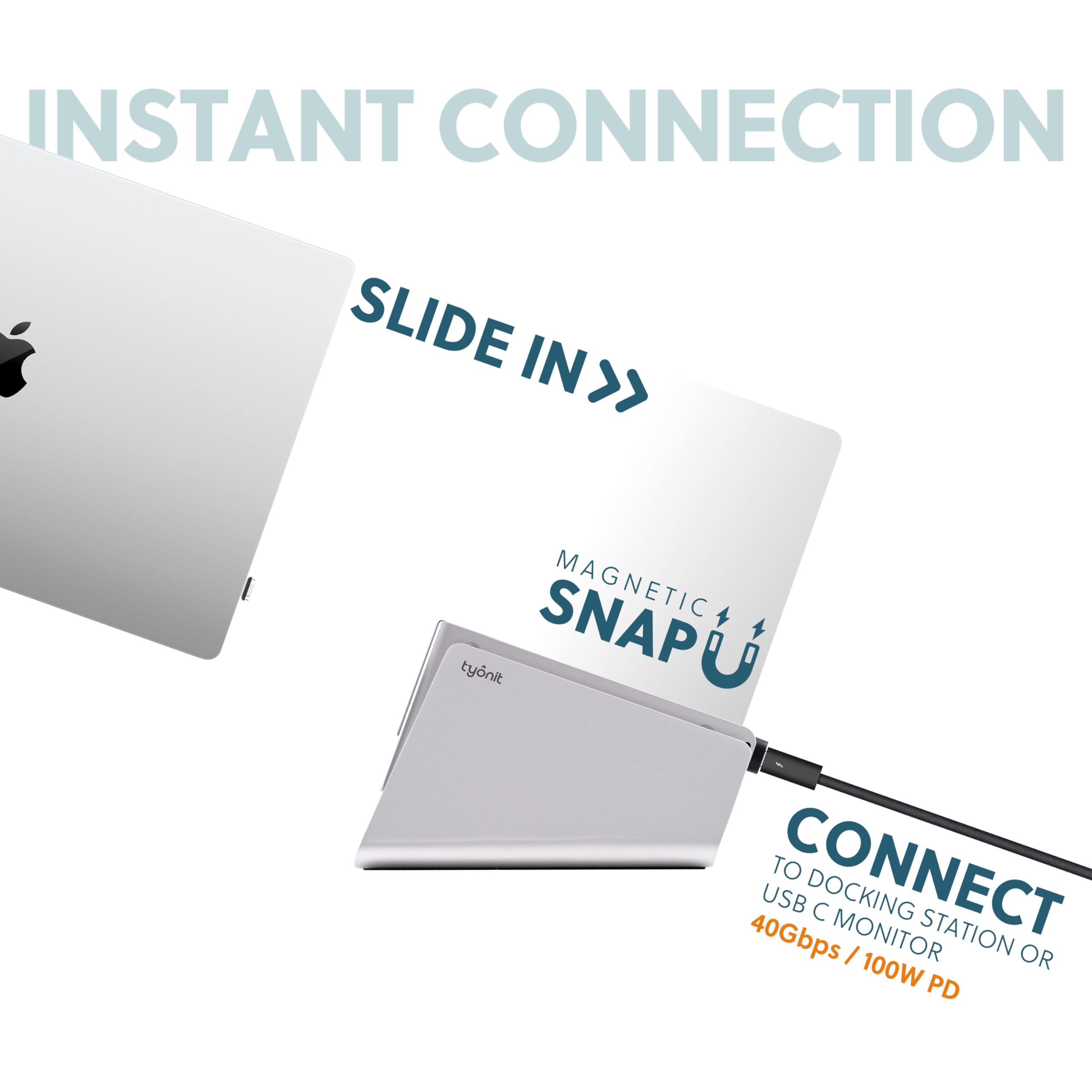 tyonit TiltSnap Vertical Laptop Stand for MacBook, Auto Thunderbolt4 USB-C Connection, Seamless Connection to The Docking Station or Display, 40Gbps, 100W PD (Silver, MacBook Pro 16" (M1/M2/M3)) 6