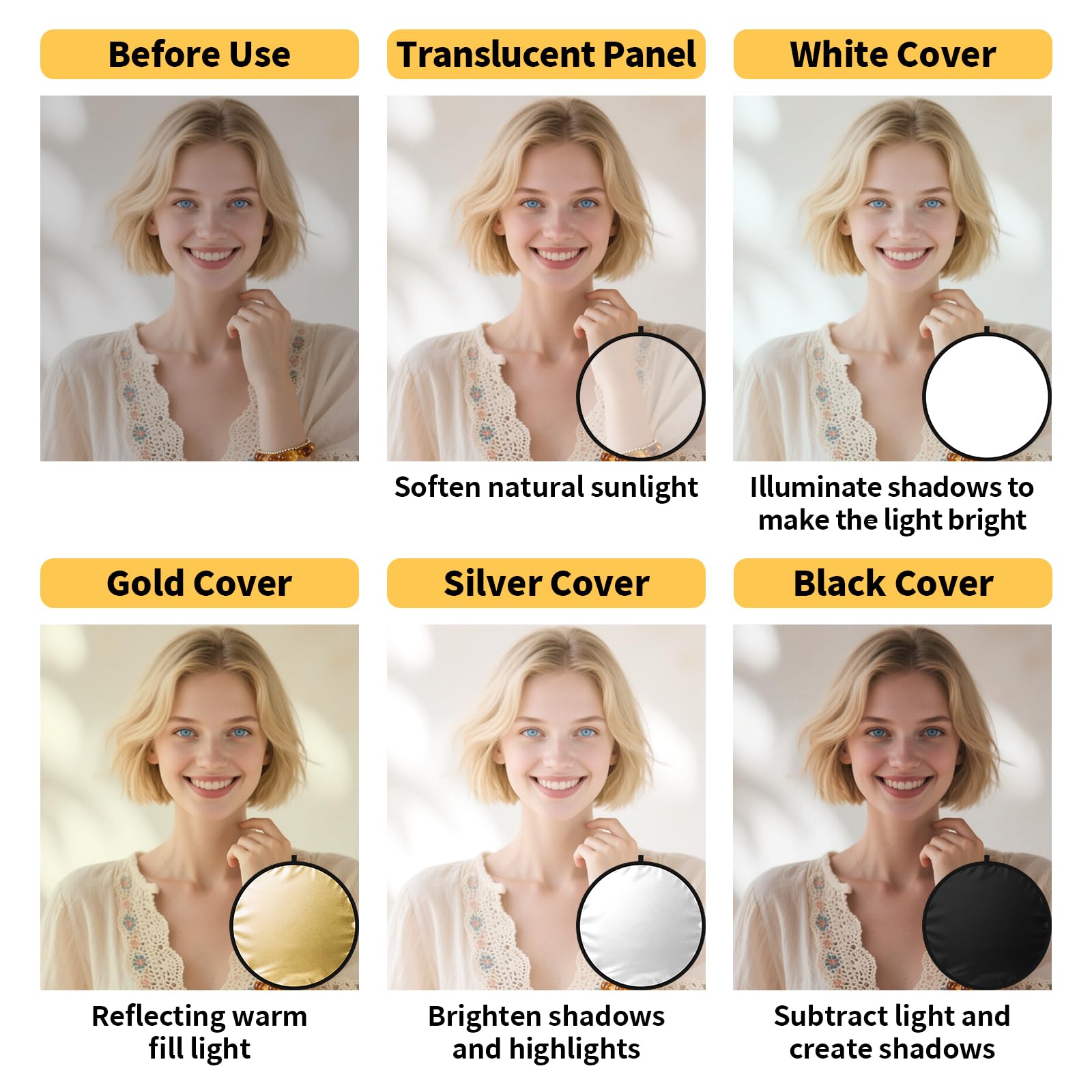 24/32/43/52in Photography Reflector, 5 in 1 Light Diffuser with Panel&Bag, Light Reflectors for Photography, Ideal for Content Creator Essentials&Photographer in Silver,Gold,White and Black 3