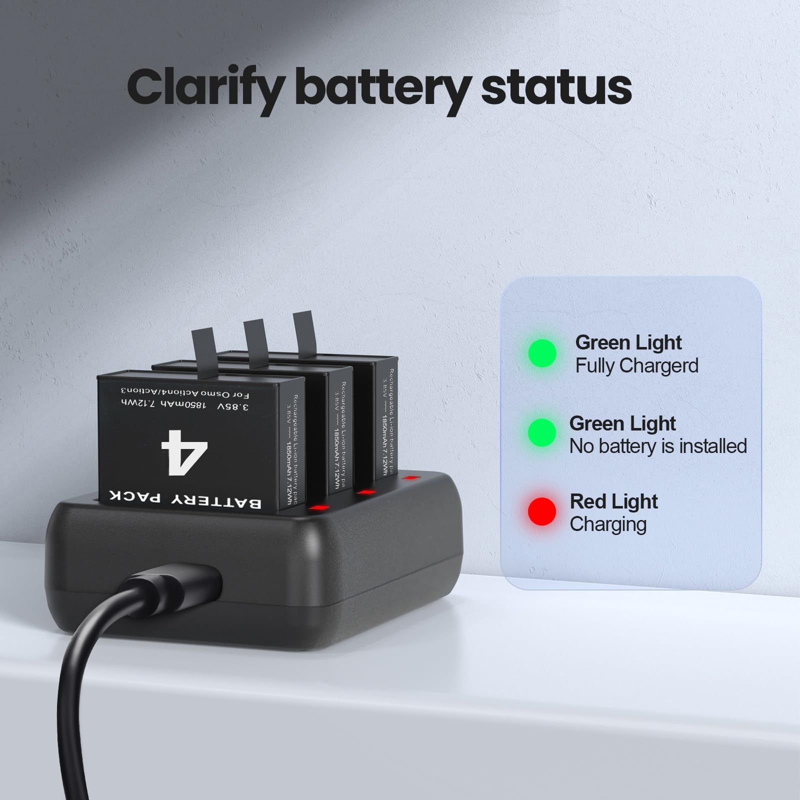 3 Packs Replacement Batteries Compatible with DJI Osmo Action 5pro, Osmo Action 4, Osmo Action 3, 1850mAh Rechargeable Battery, with 3-Channel Battery Charging Base 4