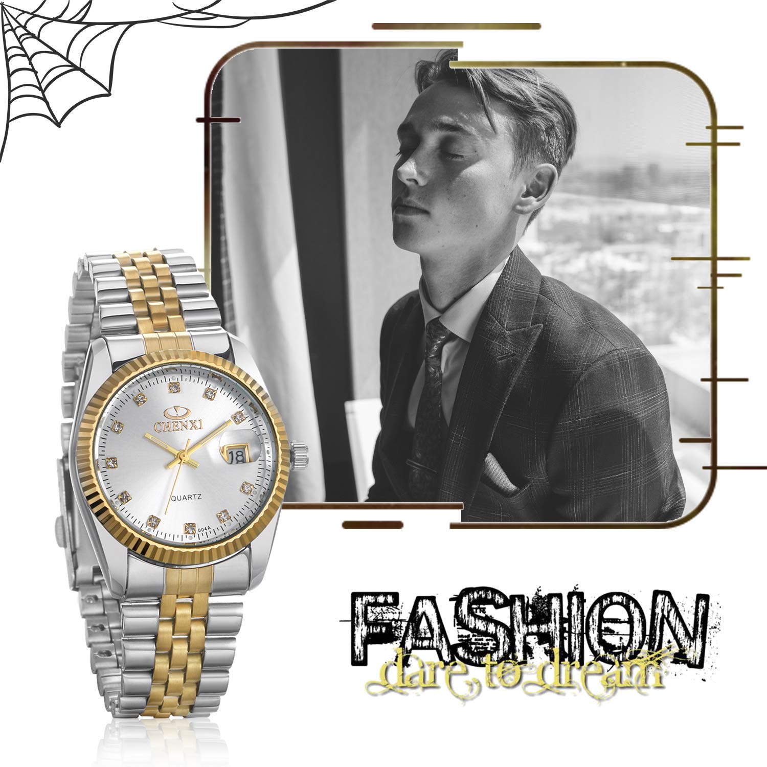 JewelryWe Luxury Couple Watches Gold-Silver Tone Stainless Steel Quartz Calendar Wristwatch Rhinestone His and Her Watch Set 4