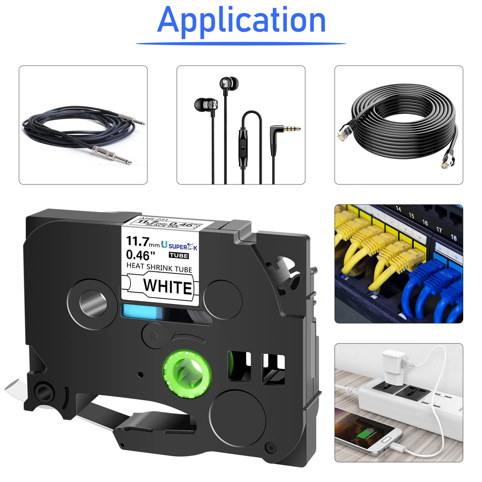 USUPERINK 3 Pack Compatible for Brother Ptouch HSe-231 HSe231 HS-231 HS231 0.46'' 11.7mm Black on White Heat Shrink Tube Label Tape use in PT-D210 PT-D400 PT-E300 PT-E500 PT-P750WVP Label Maker 5