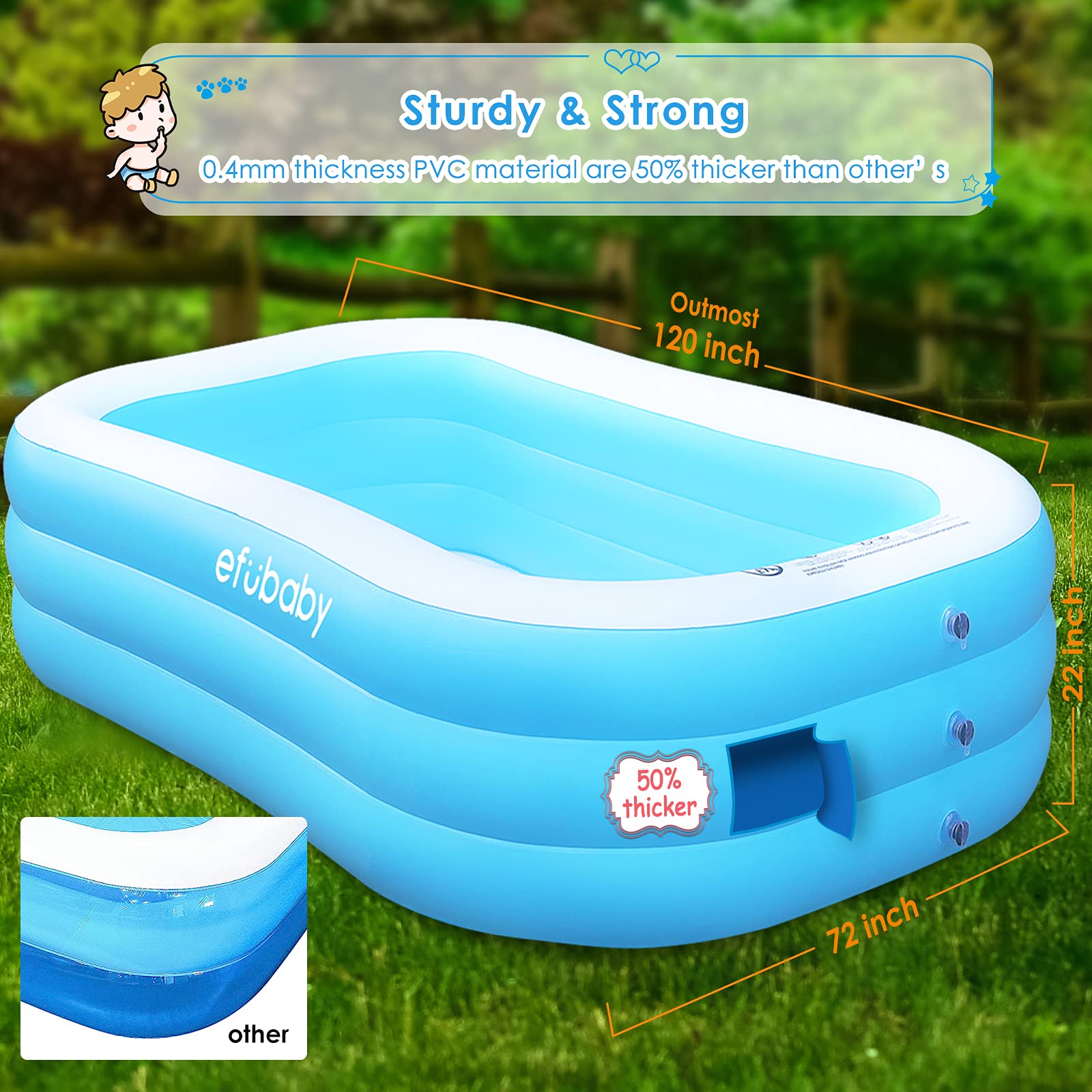 Inflatable Swimming Pool efubaby 120" X 72" X 22" Swimming Pools Blow up Pool Full Sized Inflatable Pools Toddler Pool Family Pool for Adults Kids Age 3 +Pool for Backyard Pools Kiddie Pool Light Blue 5