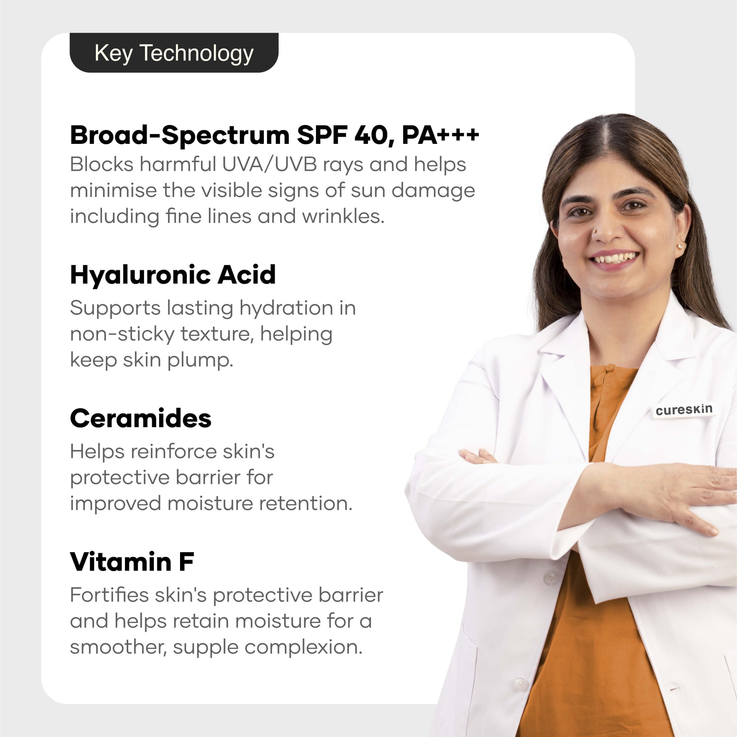 Cureskin SPF 40 Ceramide Sunscreen with Hyaluronic Acid & Ceramides | 2-in-1 Sunscreen Moisturizer, Broad Spectrum, SPF 40 & PA+++, 50 g (Pack of 1) 5