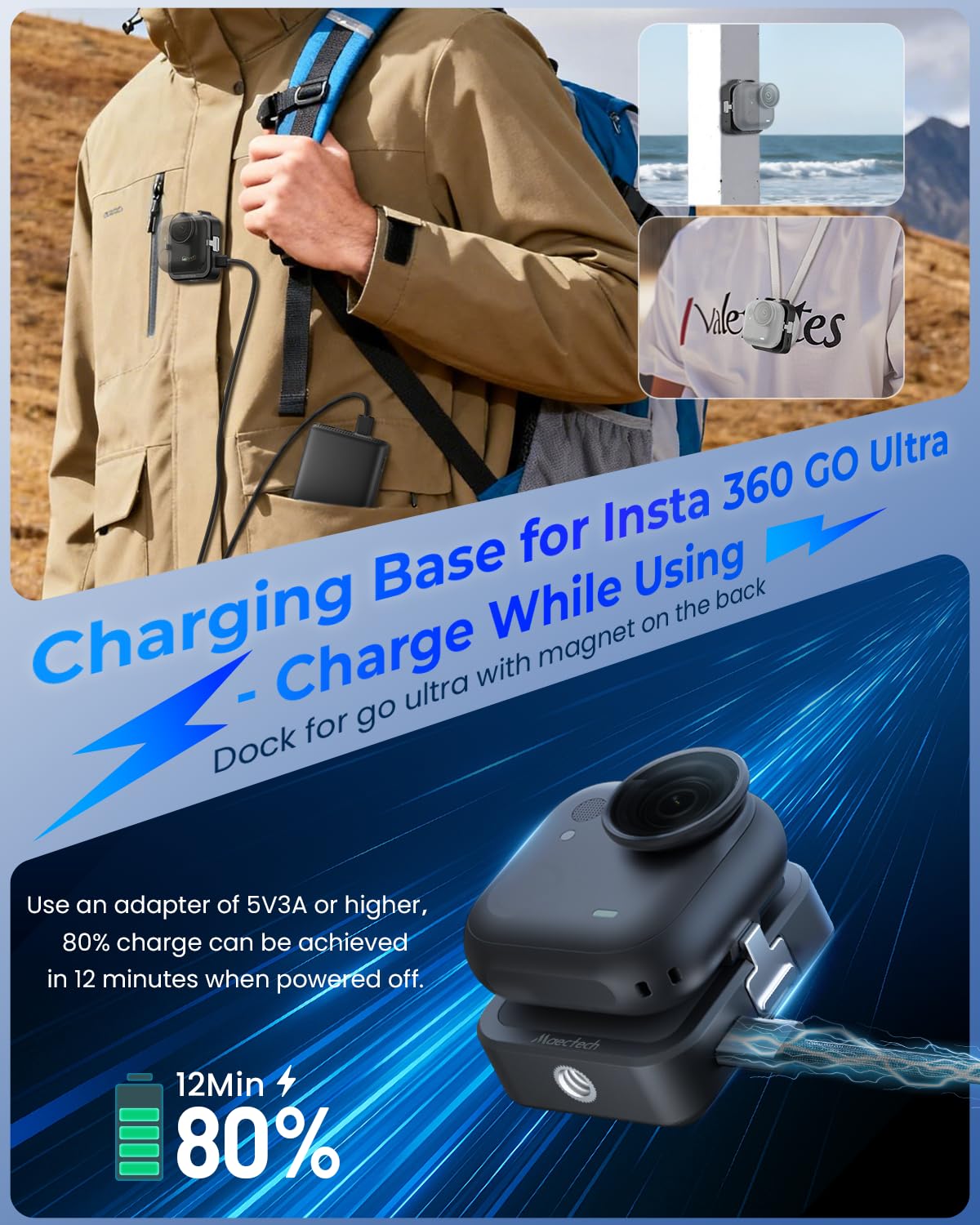 Maectech Charging Base for Insta360 GO Ultra Charging Dock Station for GO Ultra Accessories Quick Release Mount - Black 3