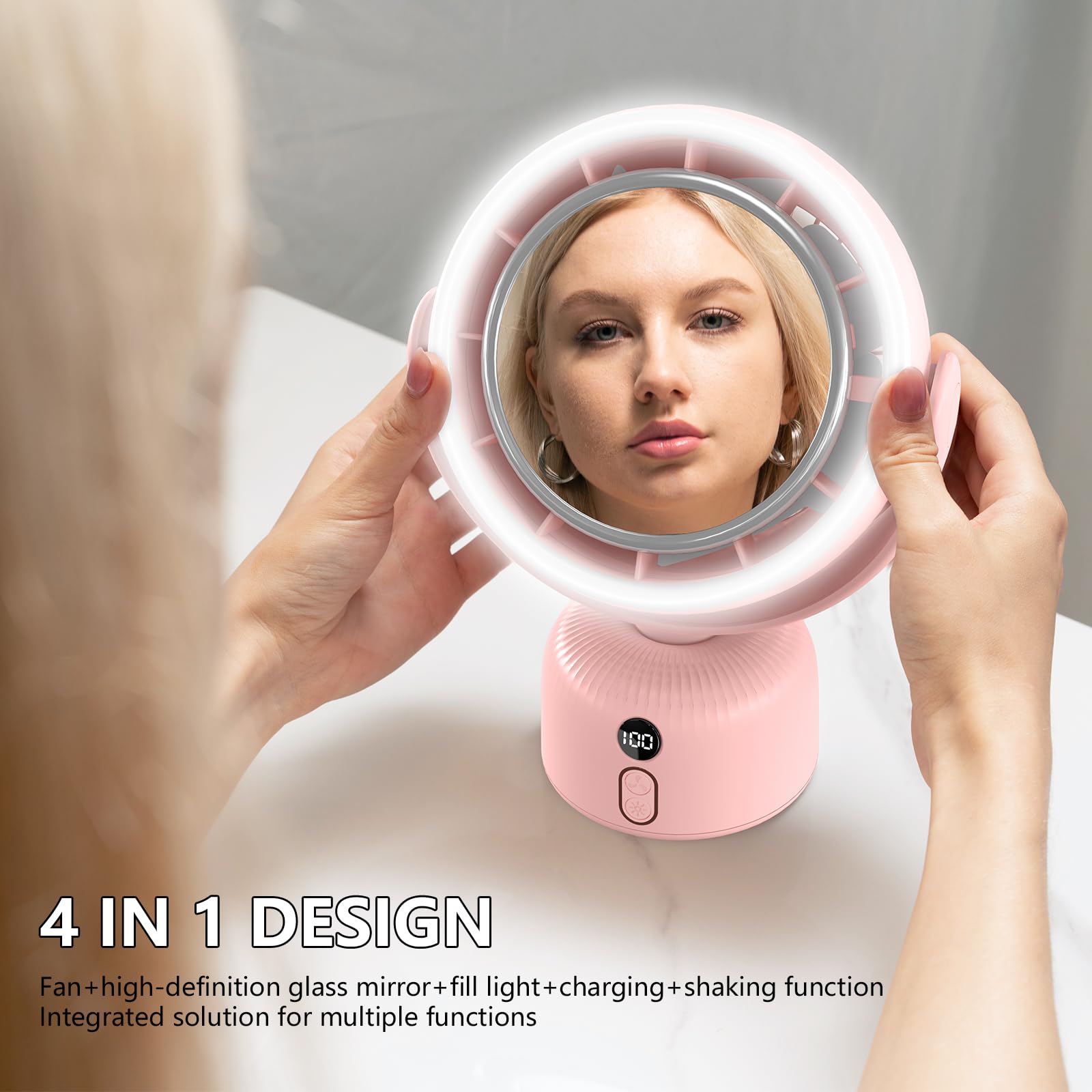 6000mah Table Fan with makeup mirror and led light 5-Speed Ultra-Quiet Cooling |Dimming led vanity mirror with light fan | USB-Powered Portable Fan For Home/Office/Outdoor (Pink) 3